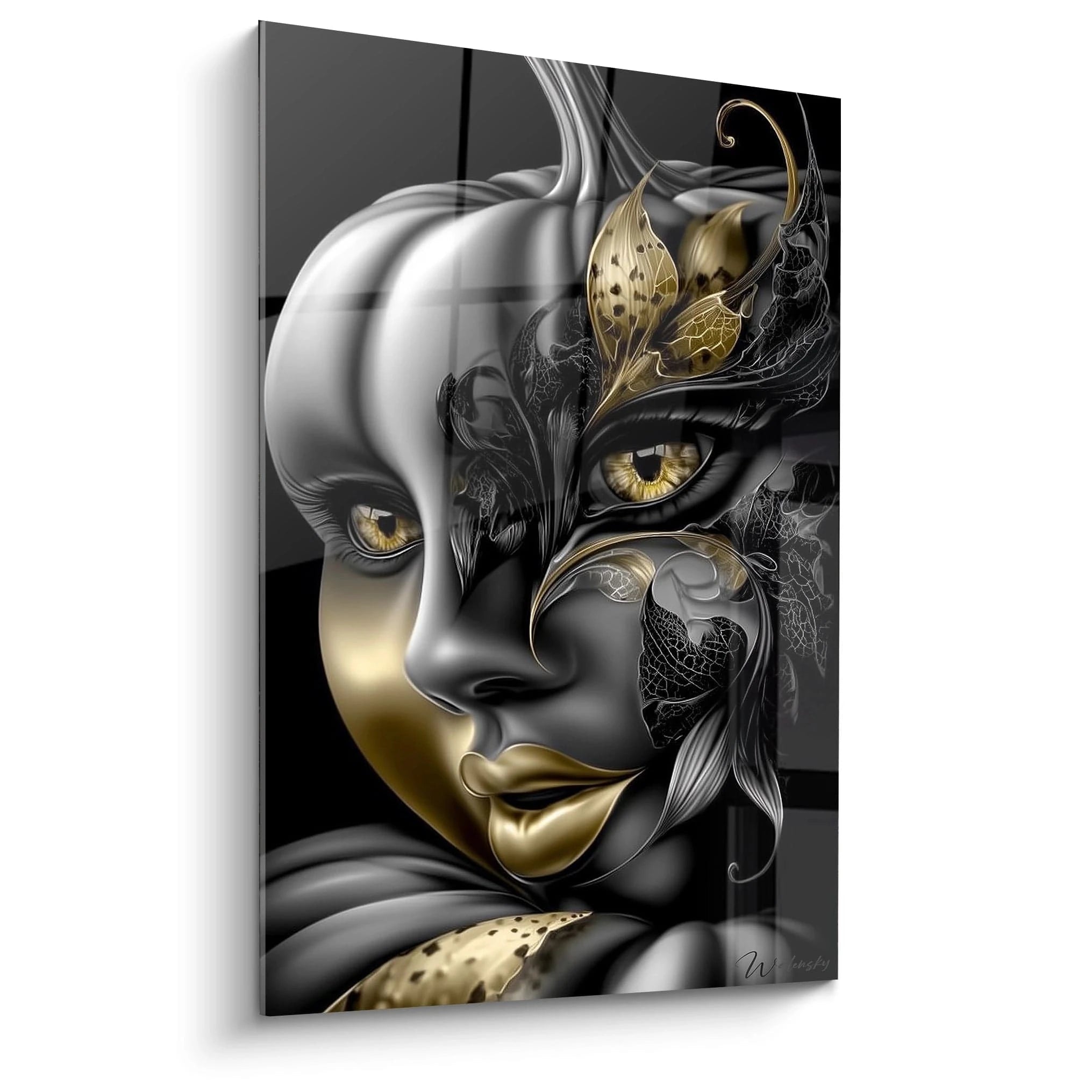 Walensky tableau mural visage stylise noir et or avec details floraux et yeux dores tableau masque halloween decor
