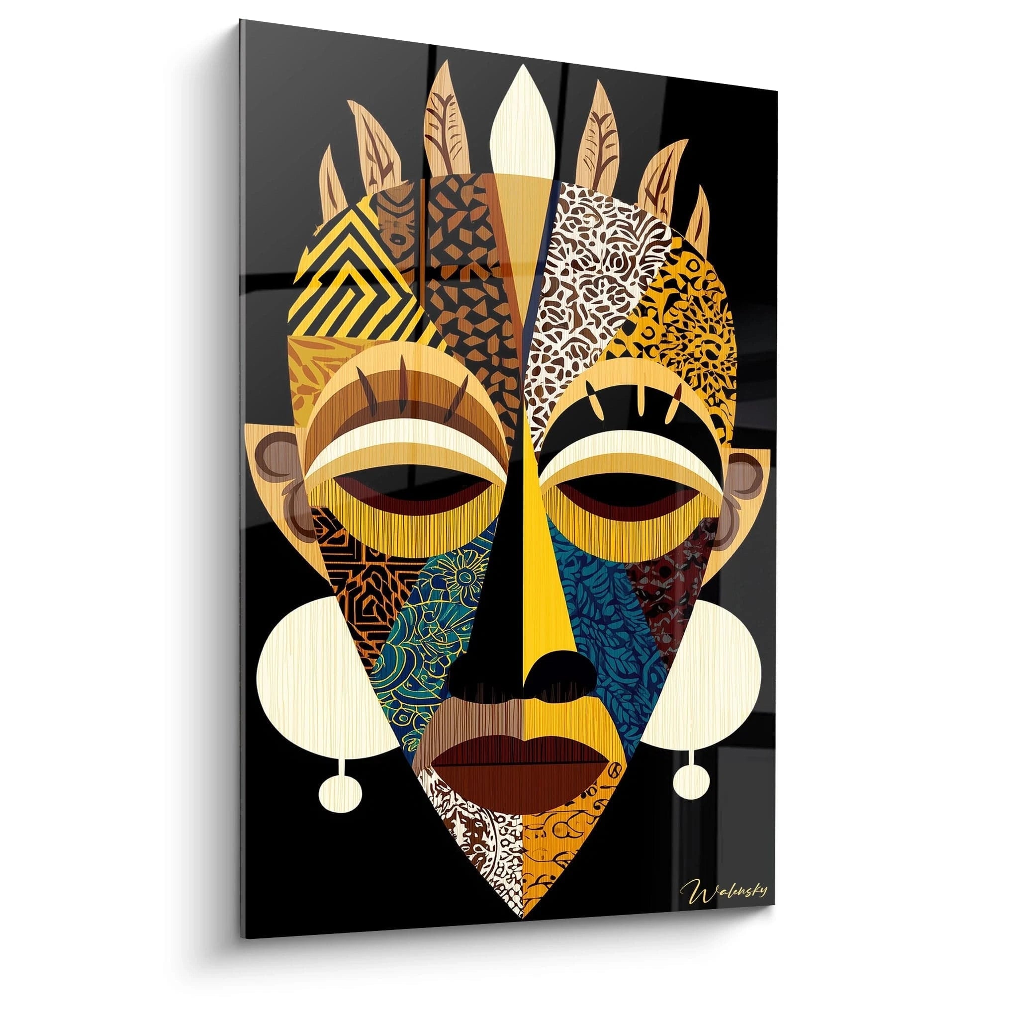 Tableau masque africain coloré de Walensky, ajoutant une touche d'art tribal moderne à votre décoration murale