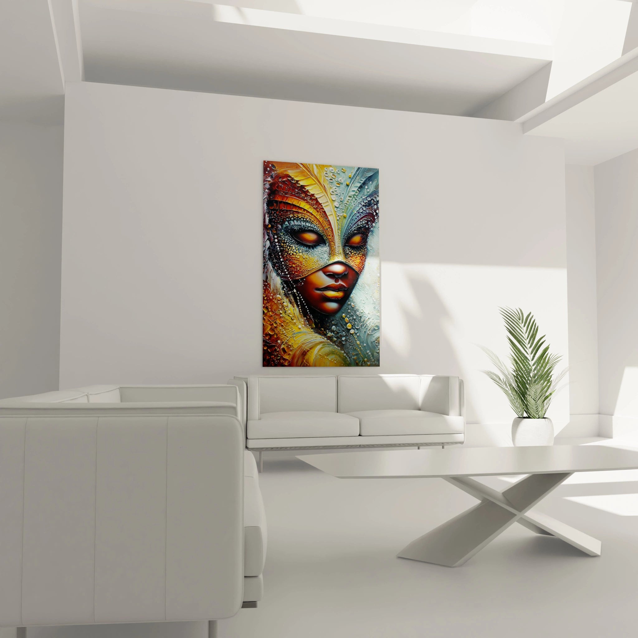 Tableau murale de Walensky représentant un tableau masque africain dans un intérieur moderne