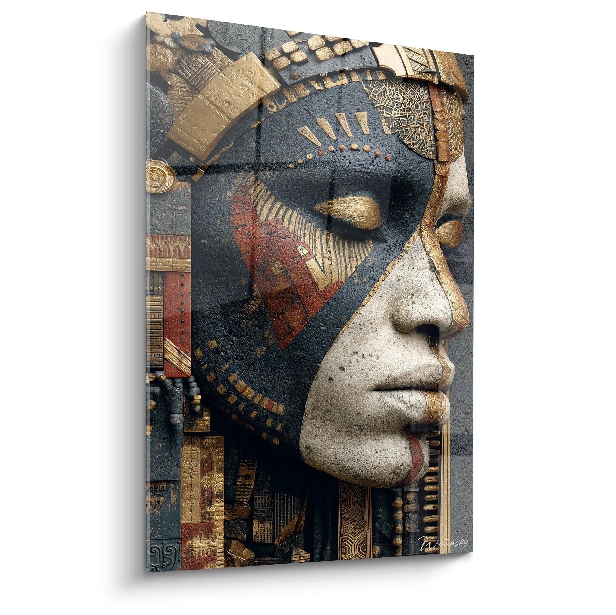 tableau masque tribal Walensky portrait mural texturé d un visage peint or et noir sur toile décorative