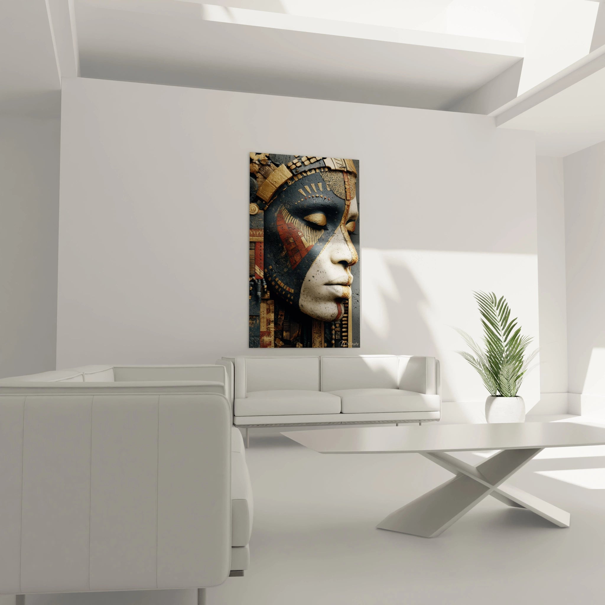 tableau masque tribal Walensky portrait mural contemporain visage africain texturé dans salon minimaliste et lumineux