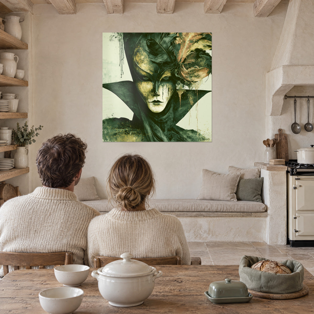 Wall art carnival character with golden feathers, deep green collar and pale green background, in a stone kitchen