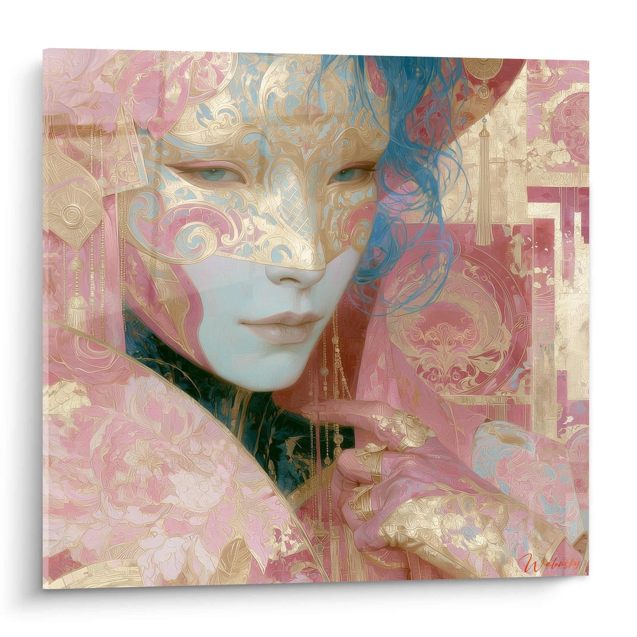 Masque de Venise doré et rose poudré, chevelure bleue, motifs baroques finement ouvragés
