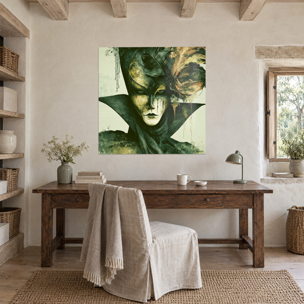 Wall art masked portrait of Venice, forest green and ochre splashes, white face, above a wooden desk