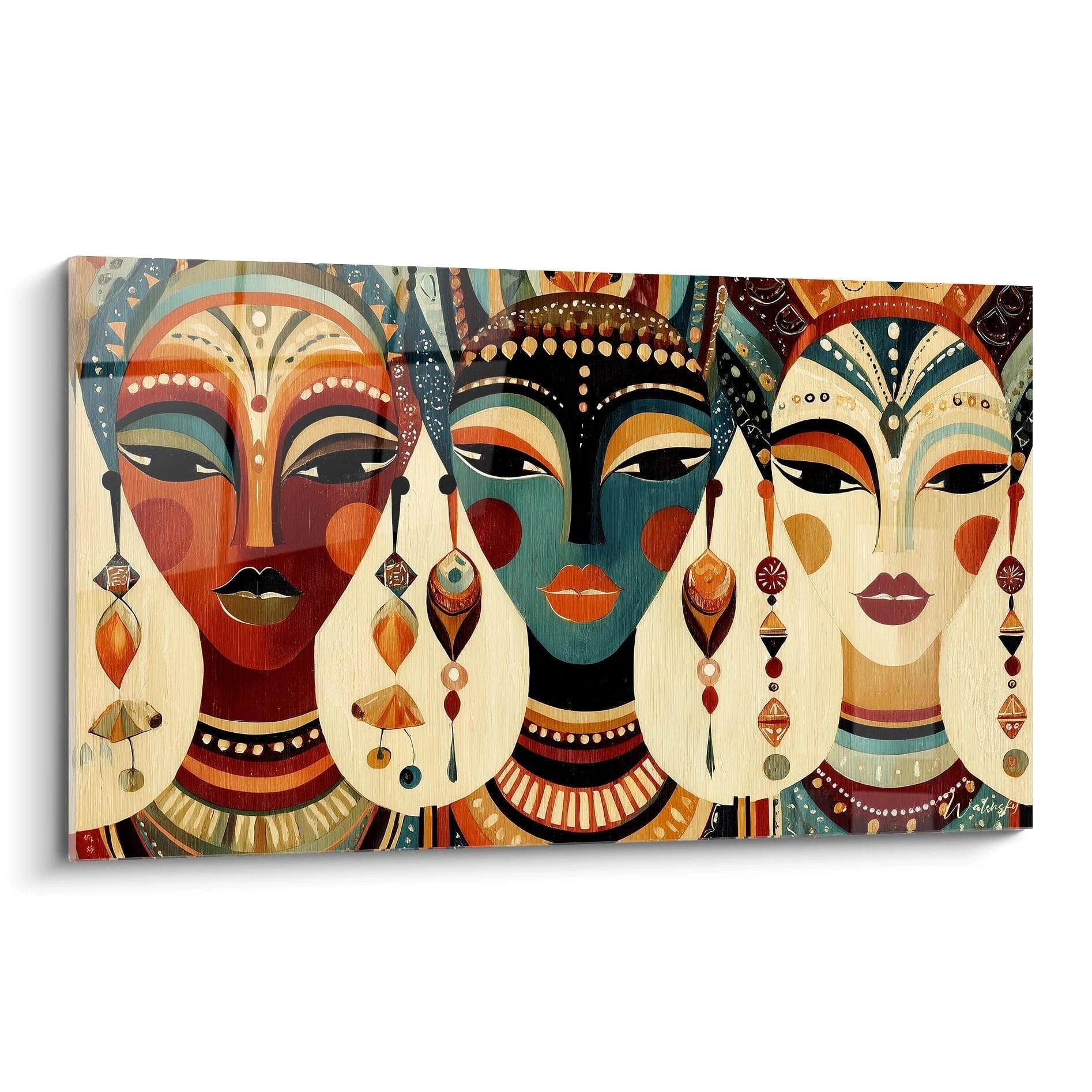 Tableau mural avec trois masques africains colorés, idéal pour la décoration intérieure