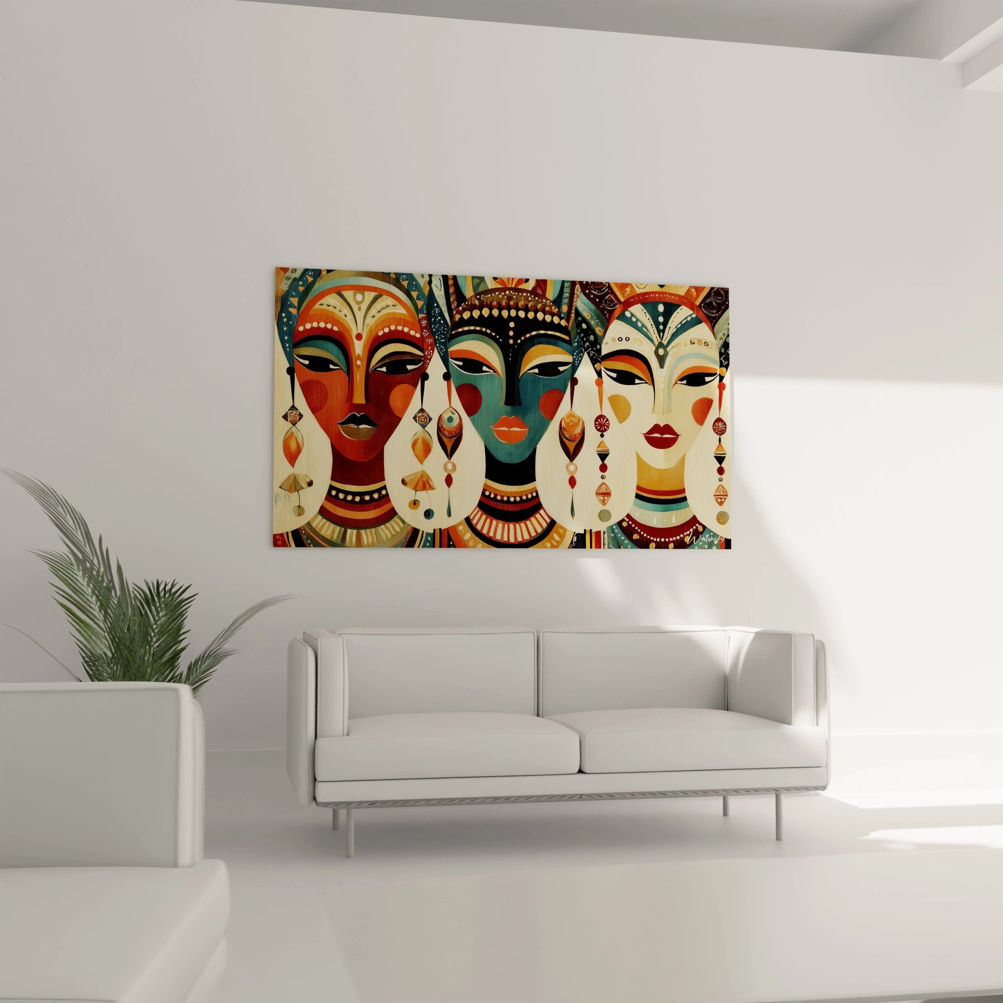 Tableau masque africain coloré avec trois visages stylisés pour décoration murale moderne