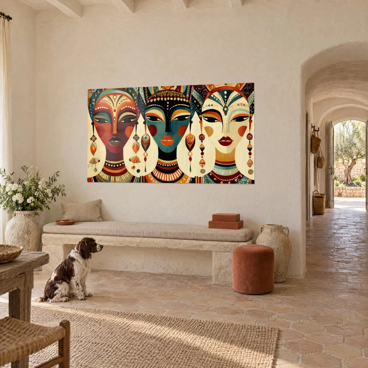 Tableau portraits tribaux aux yeux en amande, terracotta et turquoise profond, accroché au-dessus d'un banc, spaniel assis devant