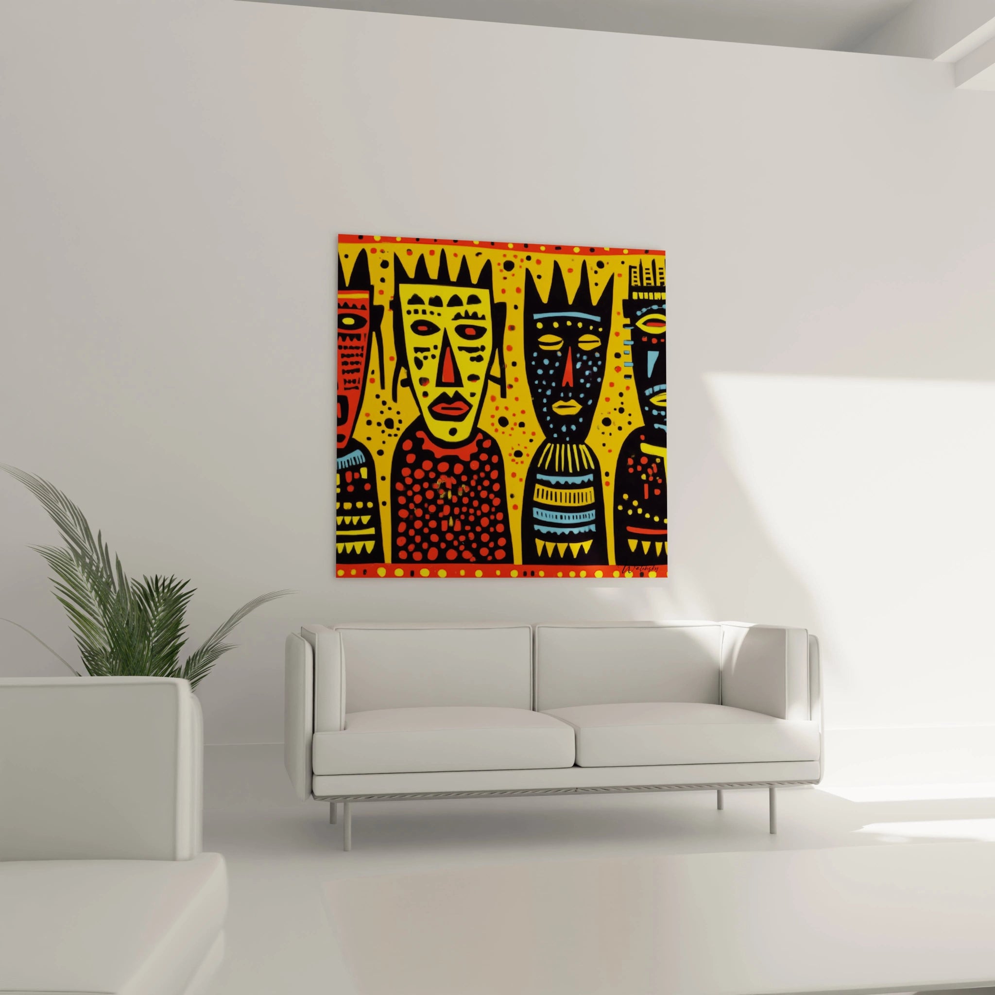 tableau art tribal africain Walensky peinture murale colorée avec visages stylisés jaune rouge noir pour salon moderne