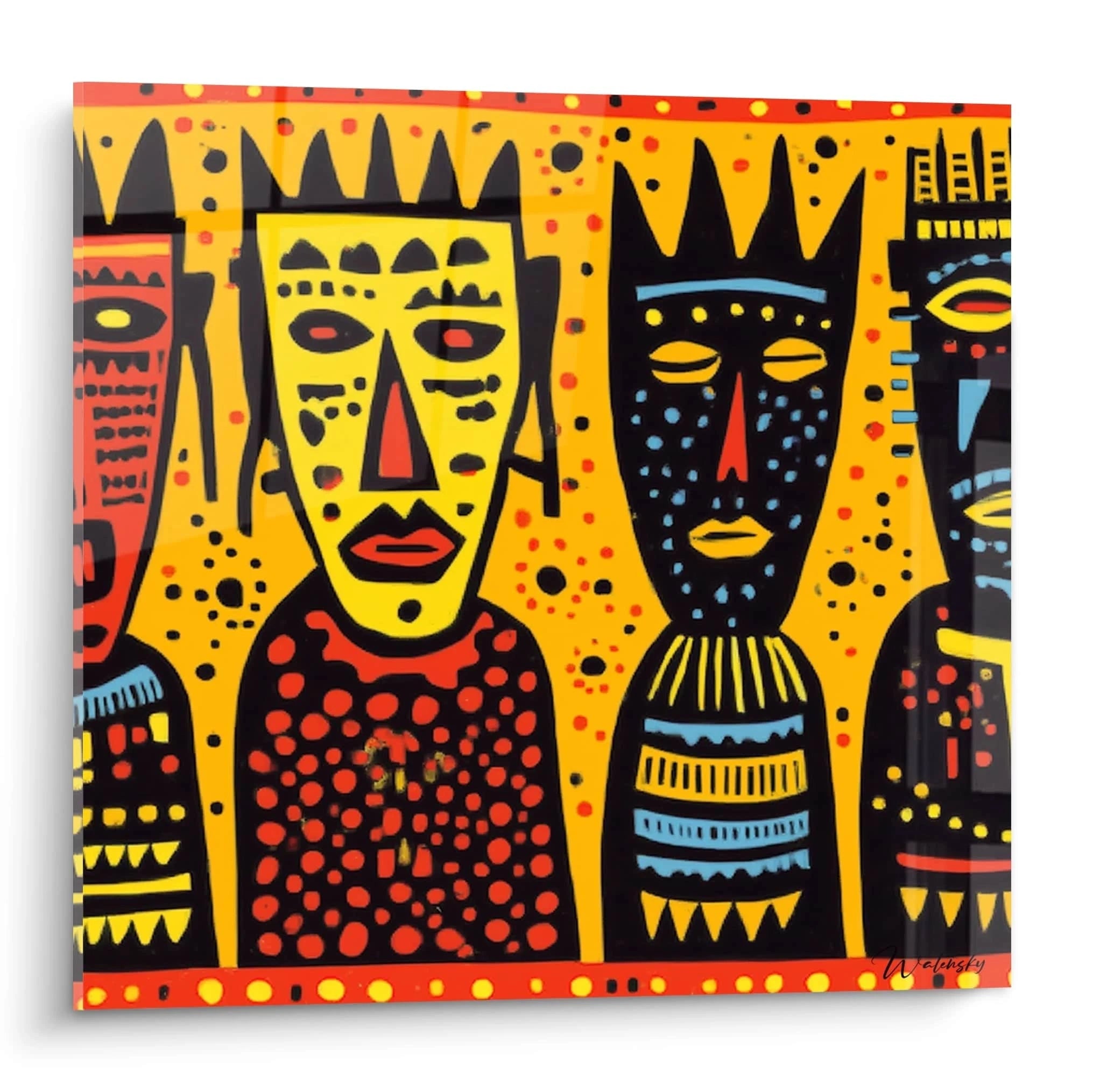 Tableau mural Walensky tableau art tribal africain en toile jaune et rouge avec visages stylises et motifs ethniques