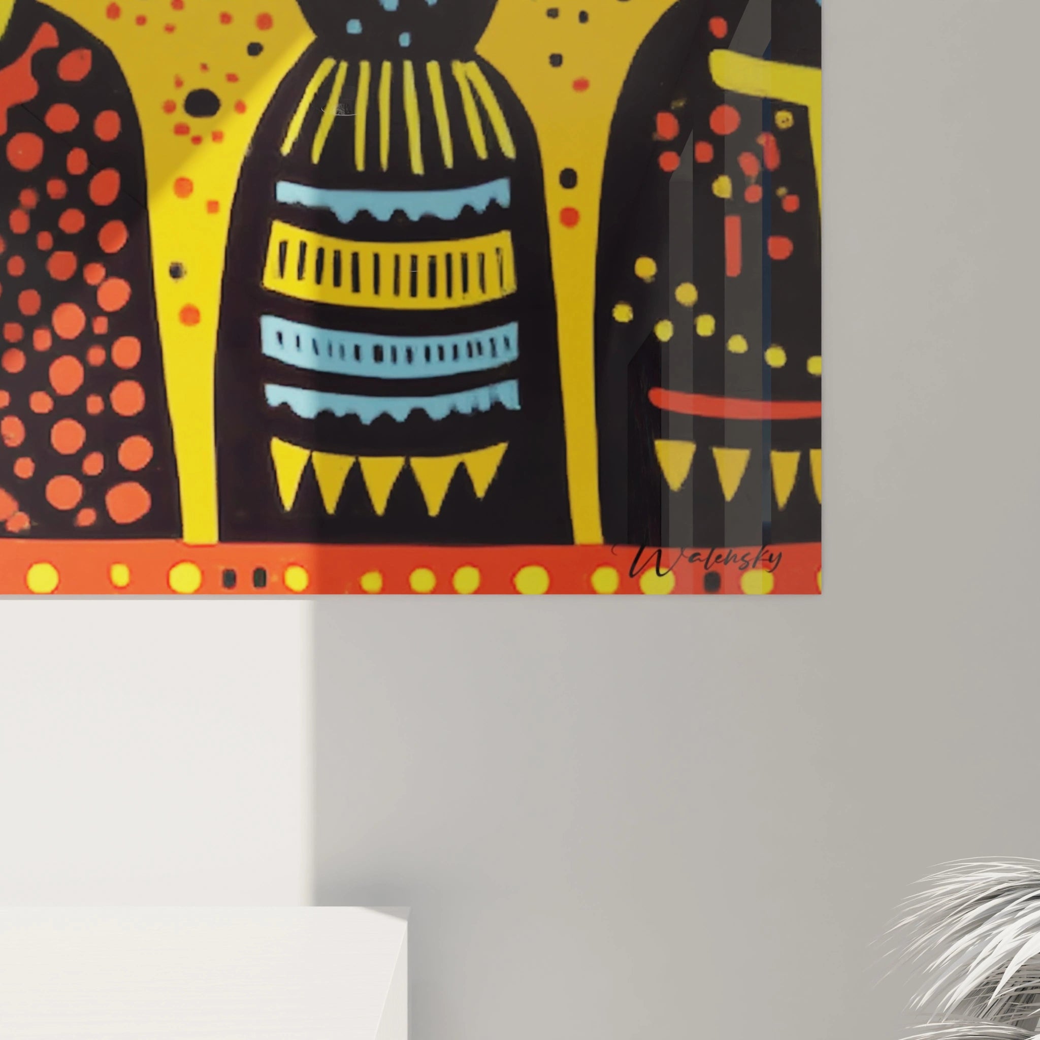 Tableau art tribal africain mural Walensky couleurs vives motifs géométriques noirs jaunes rouges signature visible