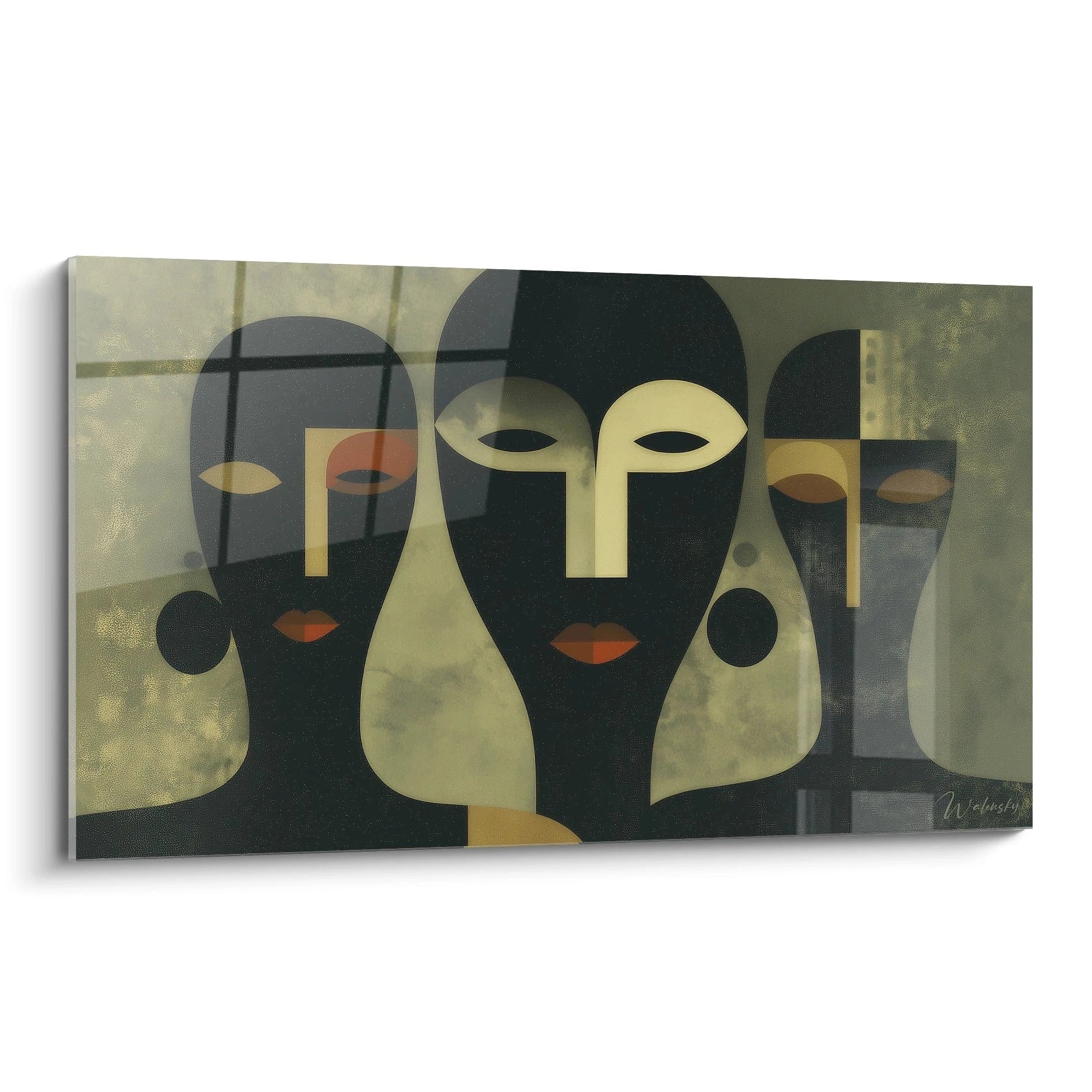 tableau art tribal moderne Walensky trois visages stylises et abstraits en tons verts et noirs pour salon