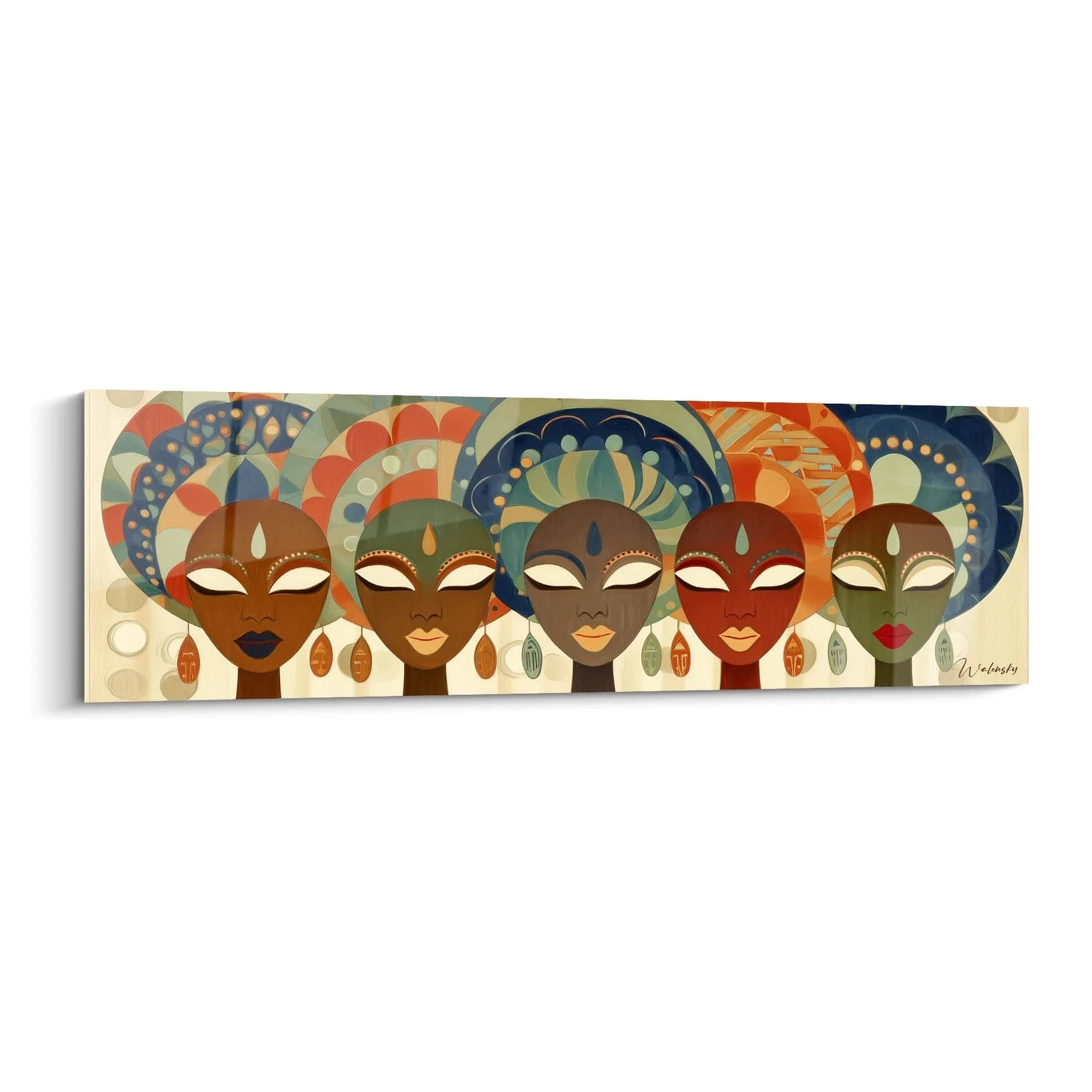 Tableau mural masque africain coloré avec des visages stylisés et motifs vibrants