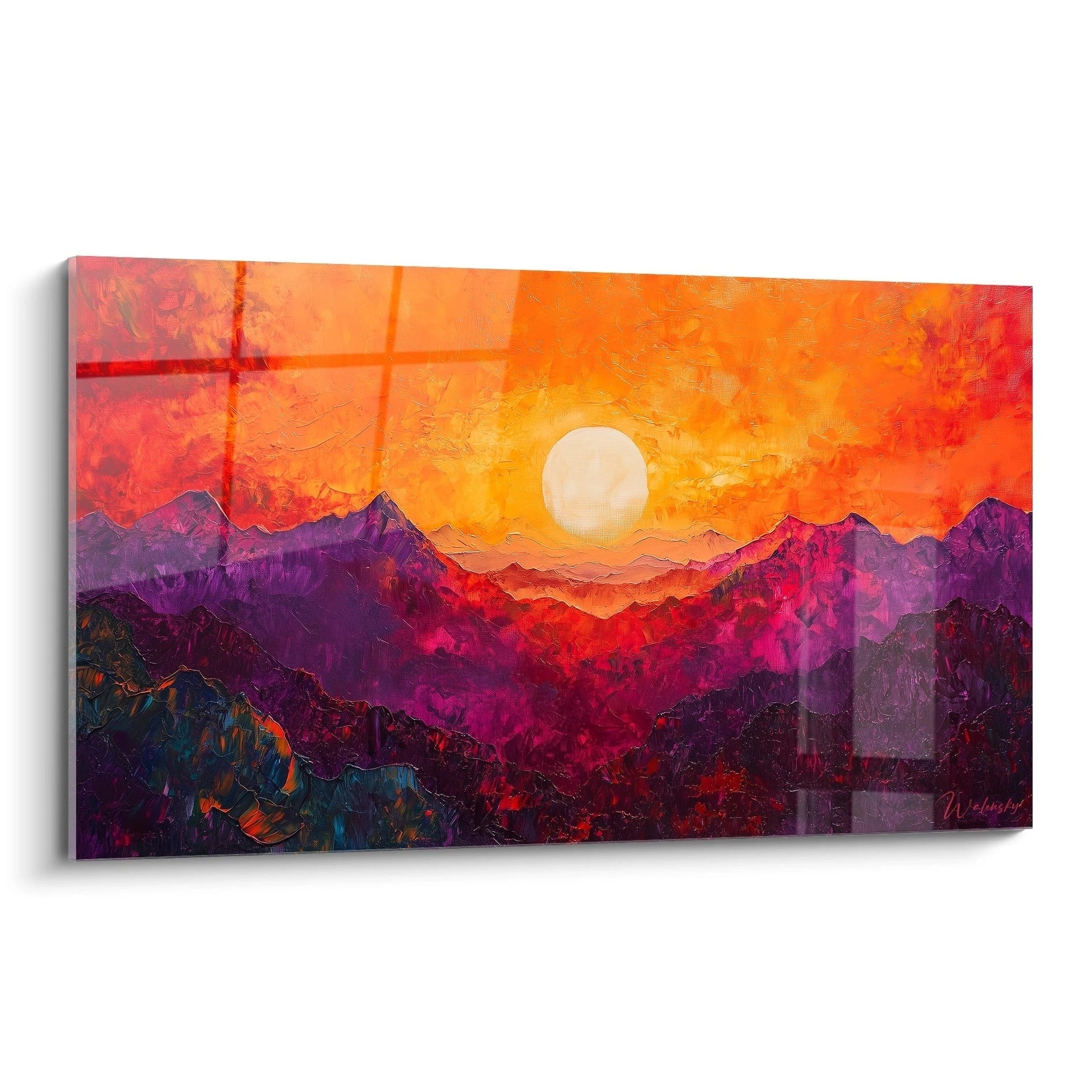Un tableau montagne avec paysage alpin au coucher de soleil, dominé par des teintes orange vif, violet et rouge profond, avec texture visible et empâtement marqué.