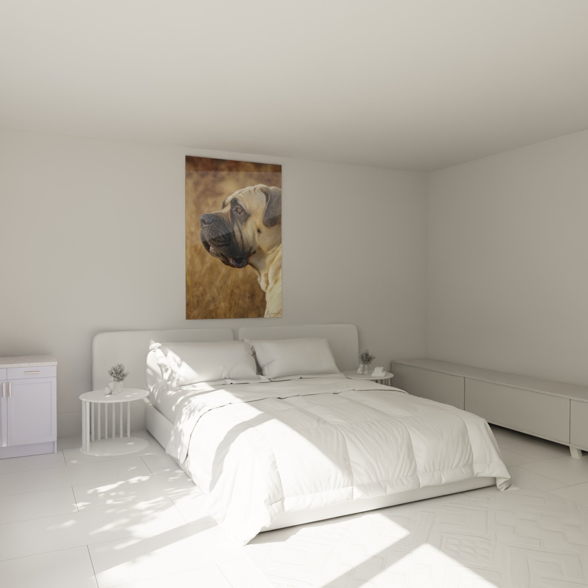 Tableau portrait de Mastiff Anglais dans chambre moderne avec tons beiges et mobilier naturel