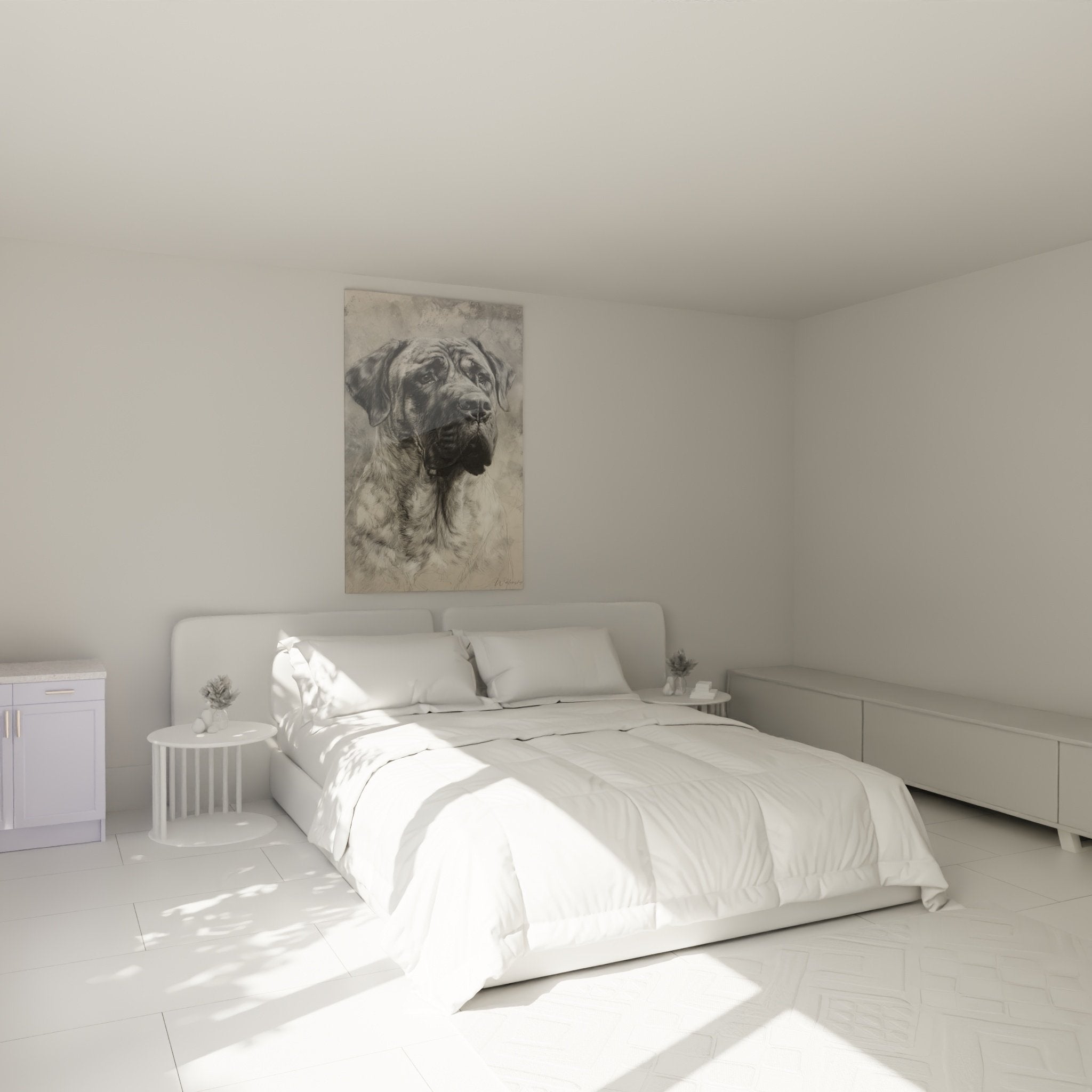 Englische Dogge Gemälde Schlafzimmer Wanddekoration Hundeporträt Schwarz-Weiß beruhigende Atmosphäre