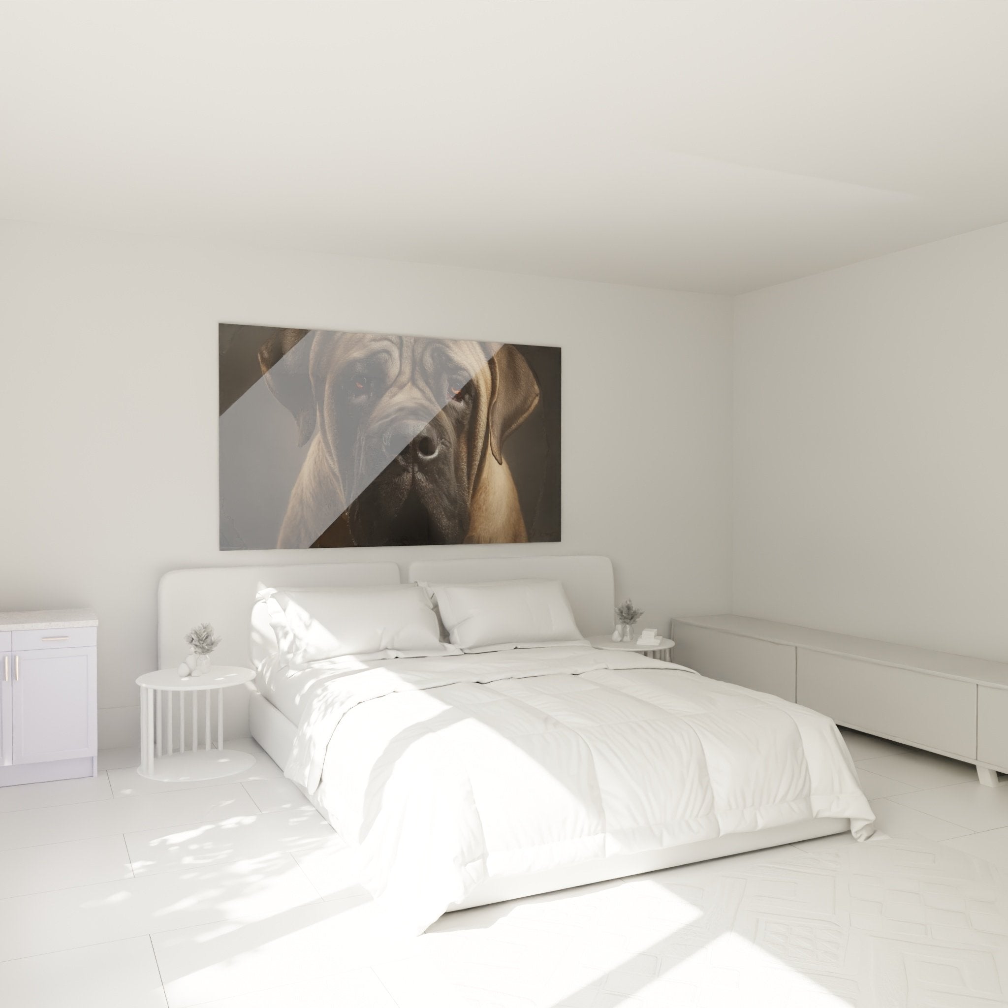 Tableau portrait de chien Mastiff Anglais décorant une chambre moderne aux tons neutres et chaleureux