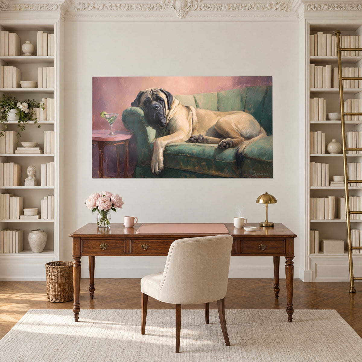 Wall art lazy golden-coated mastiff, green banquette and mauve-pink partition, between two white bookshelves in a study