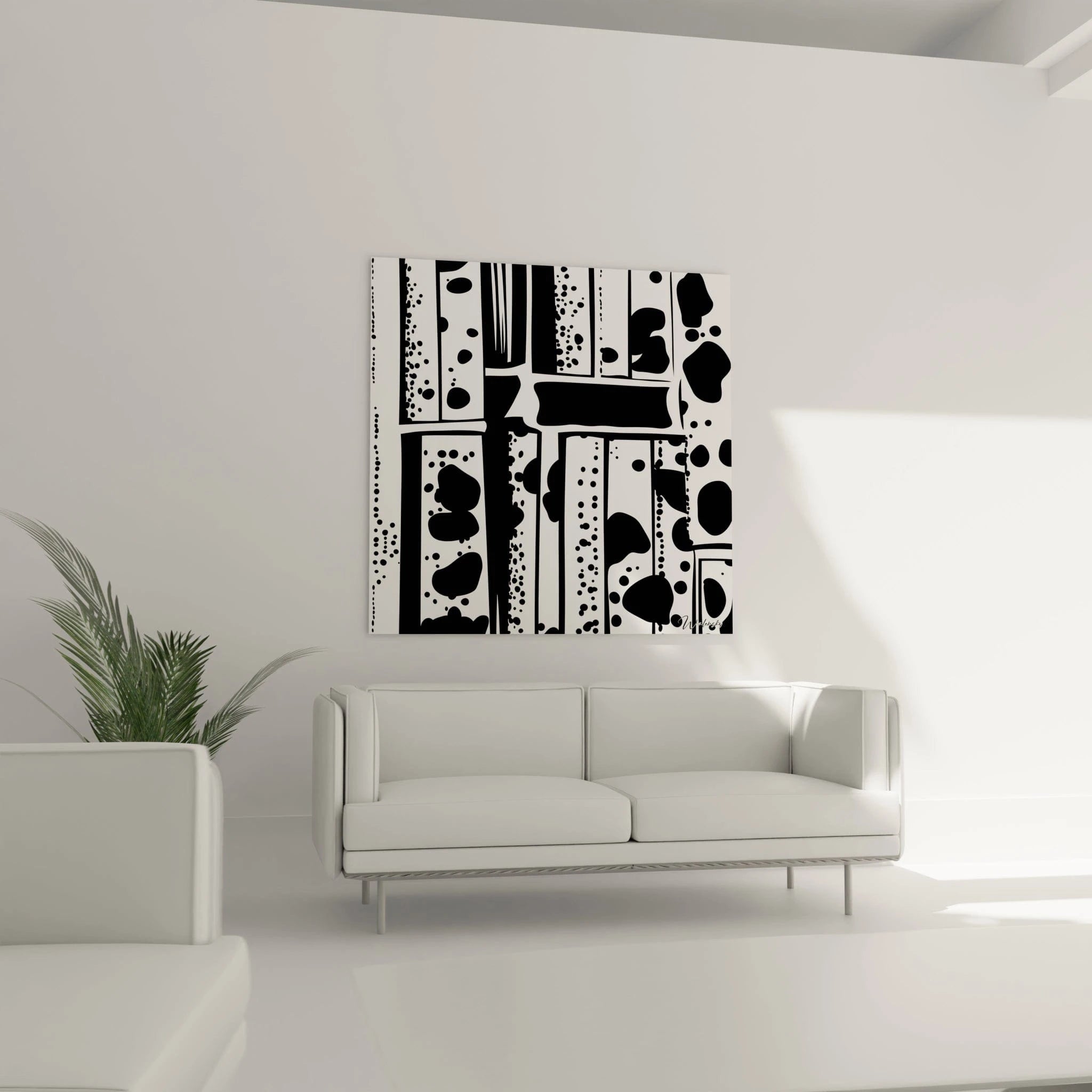 Tableau tacheté noir et blanc de Walensky décorant un mur dans un salon moderne