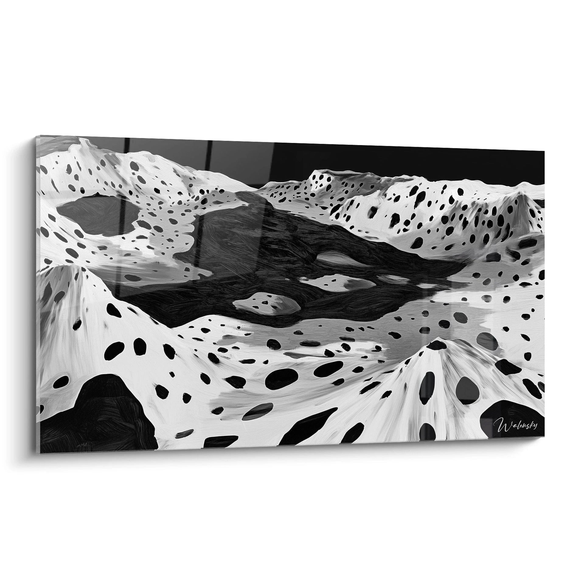 Tableau tacheté noir et blanc de Walensky représentant un paysage abstrait avec des formes fluides