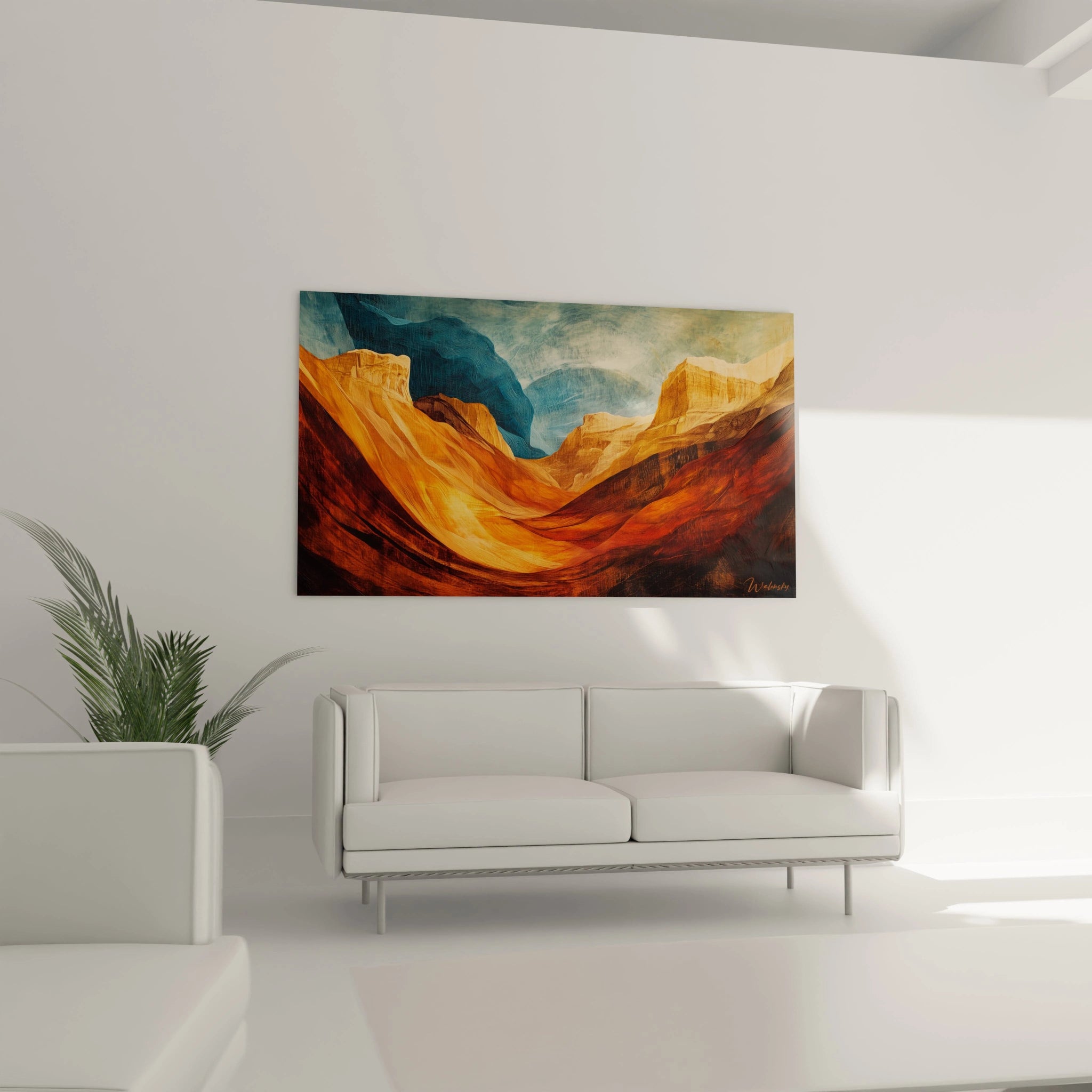 Un tableau canyon aux teintes chaudes présentant une vallée encaissée entre des falaises orangées et rouges, baignées d'une lumière dorée qui semble émaner des roches elles-mêmes, contrastant avec la fraîcheur d'un ciel bleu panoramique.