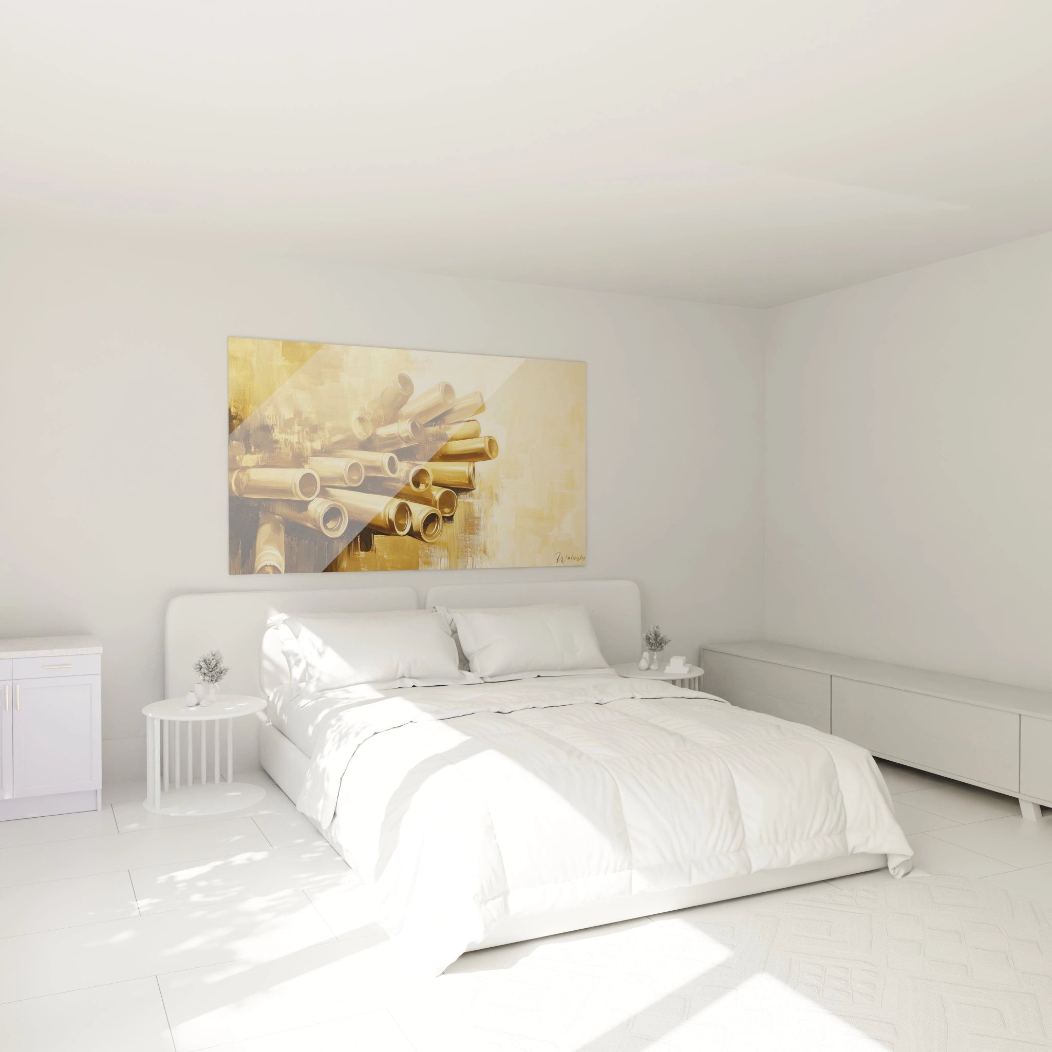 Tableau figuratif abstrait présentant des formes cylindriques dorées, sur un arrière-plan texturé beige, créant des contrastes lumineux et des reflets doux.