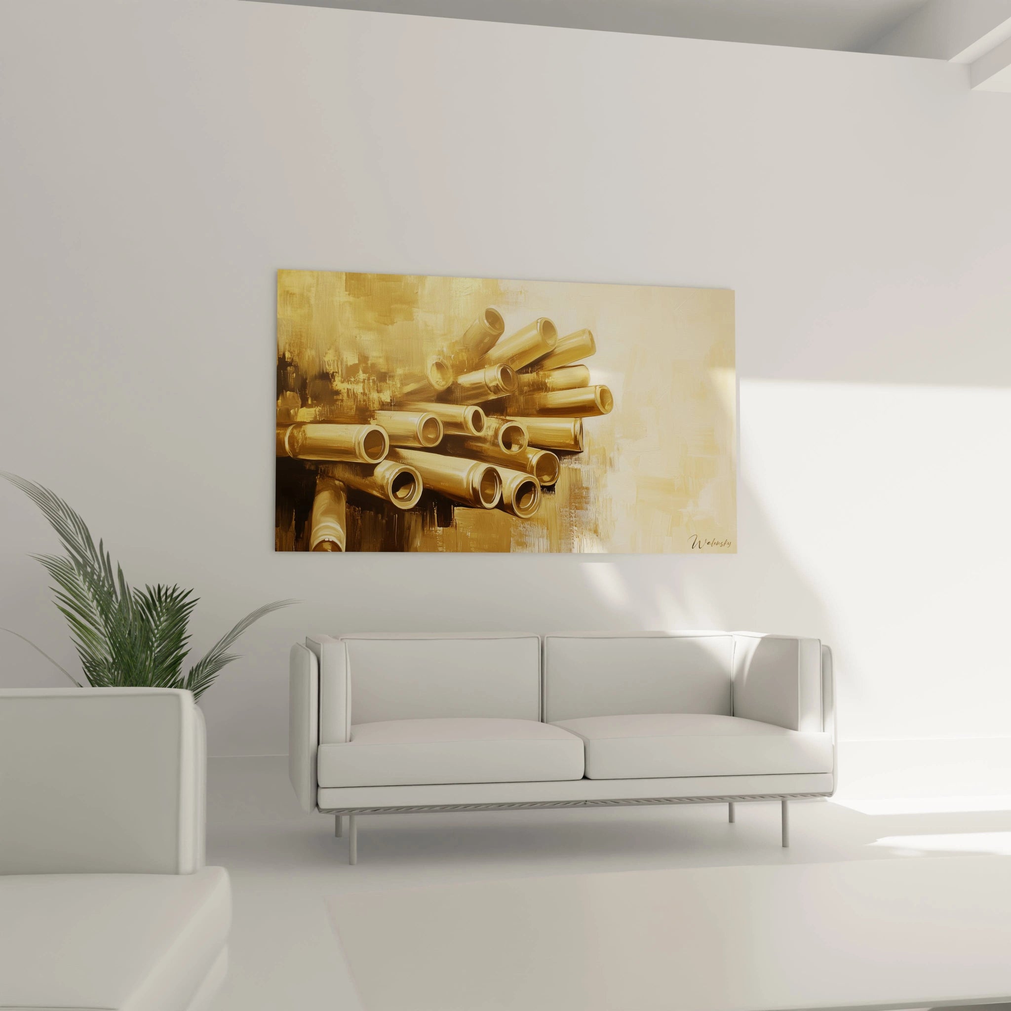 Un tableau figuratif abstrait avec des cylindres dorés disposés en éventail, sur un fond beige, offrant des textures douces et une lumière réfléchie.