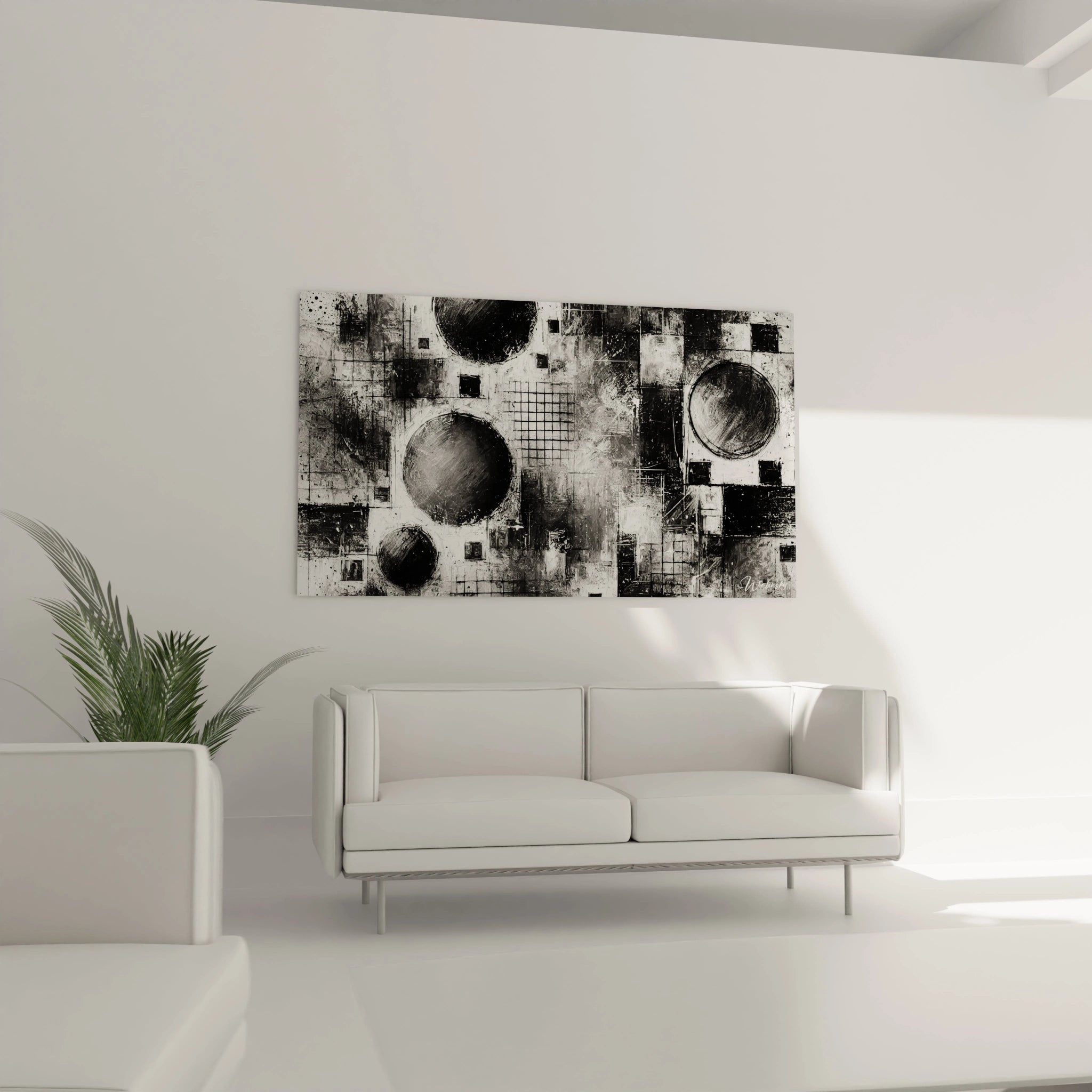 Tableau "Mécanique du Chaos" installé au-dessus d'un canapé. L'abstraction en noir et blanc apporte un style moderne et dynamique au salon, captant le regard par ses lignes et textures uniques.