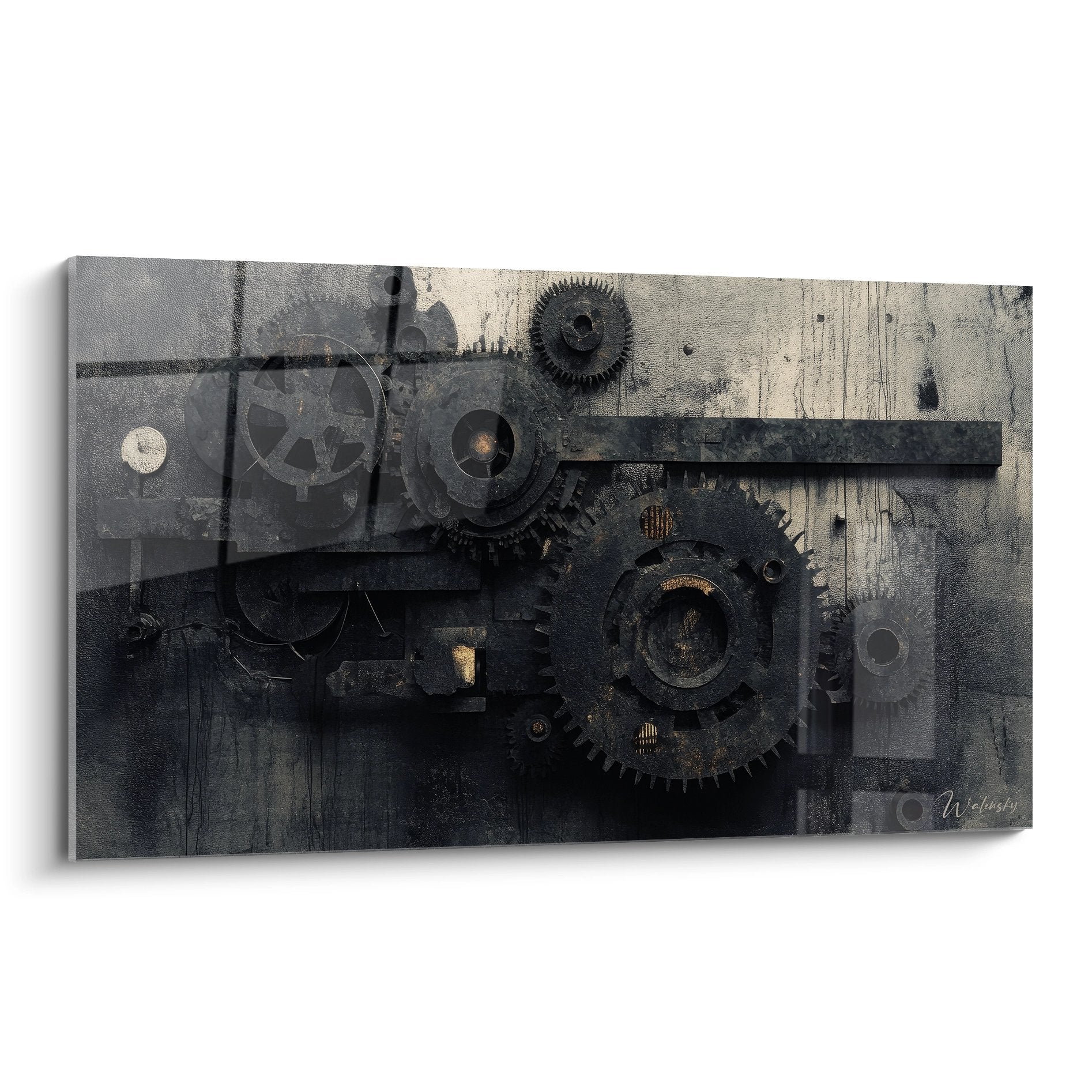 Tableau mural représentant des engrenages métalliques et mécanismes industriels vintage style steampunk