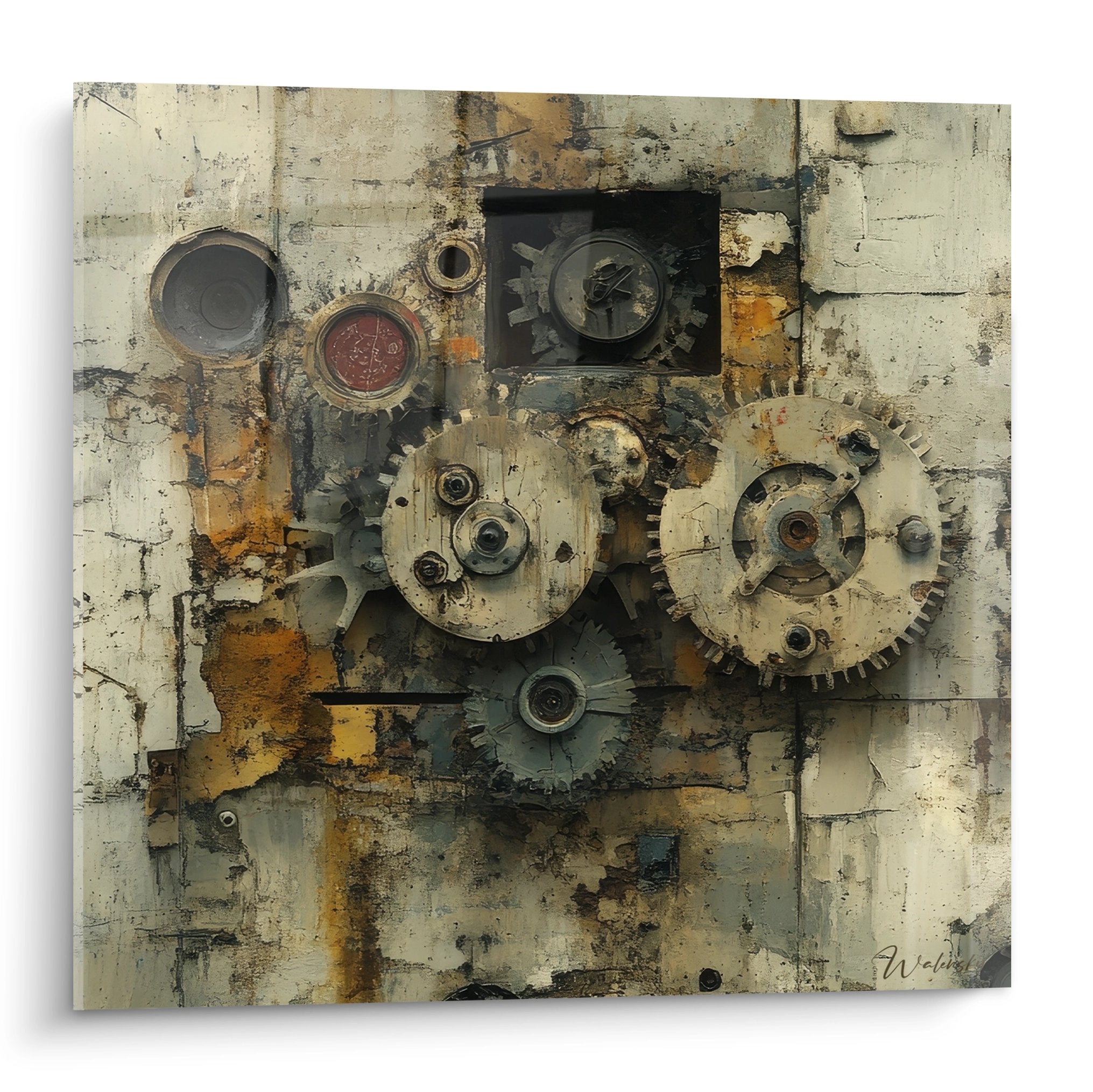 Tableau mural mécanismes industriels avec engrenages vintage et rouages métalliques sur fond texturé beige