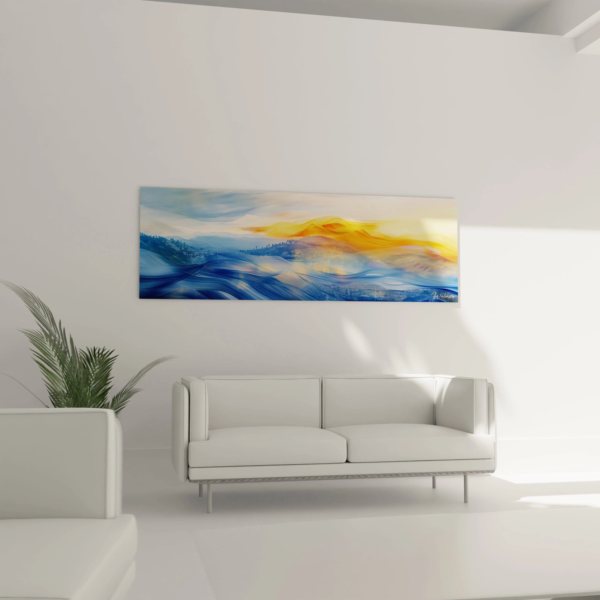 Tableau minimaliste abstrait de Walensky avec des nuances de bleu et jaune sur un mur blanc