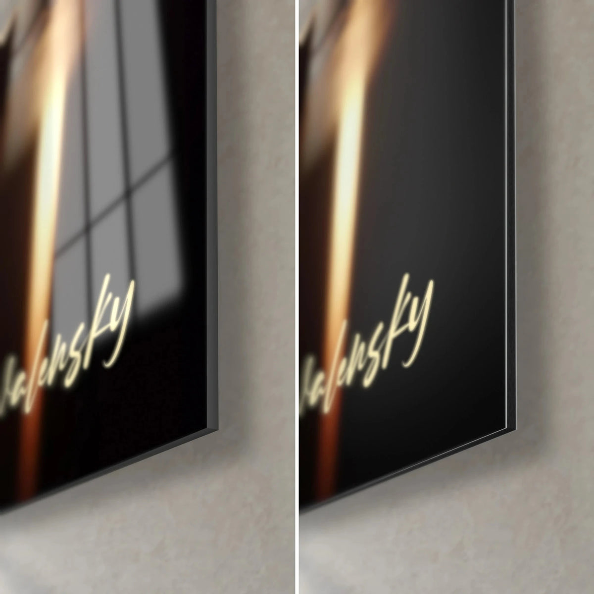 Quadro Buddha in meditazione, angolo in basso a destra: vetro lucido con riflessi di finestra, Dibond nero opaco, firma color crema