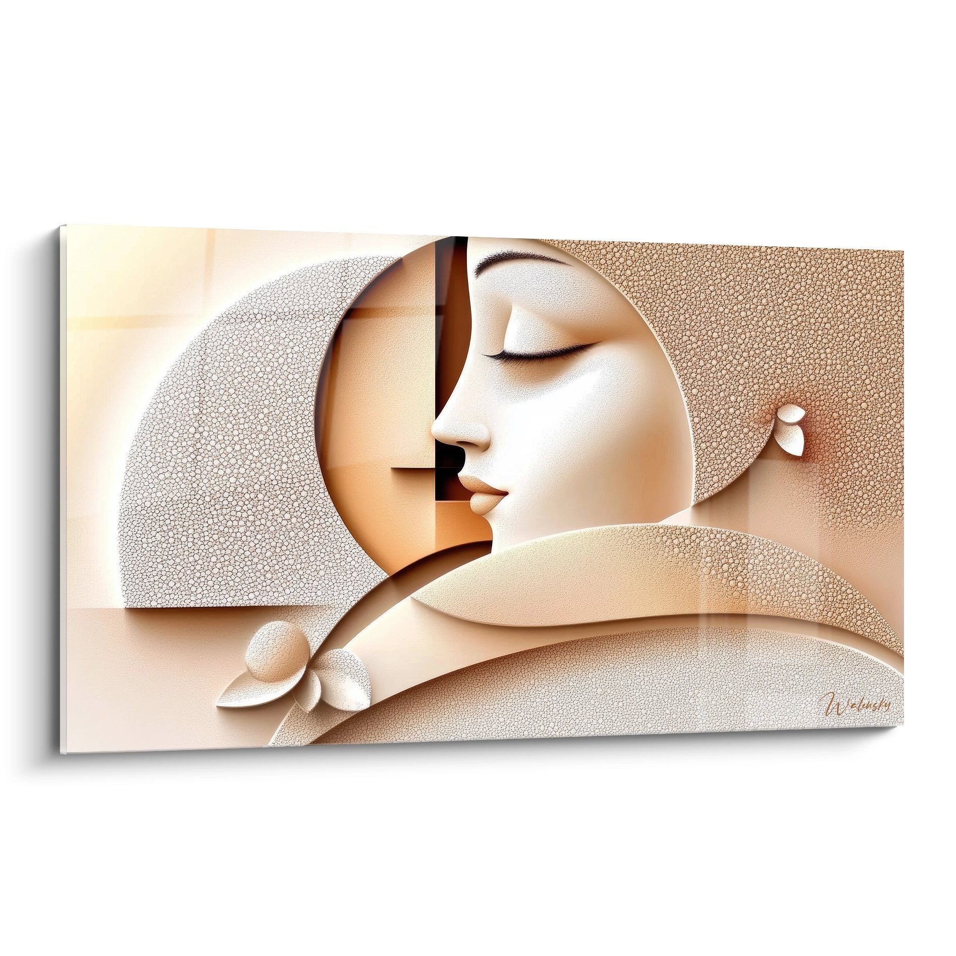 Tableau méditation zen moderne avec visage abstrait féminin aux tons dorés et beiges