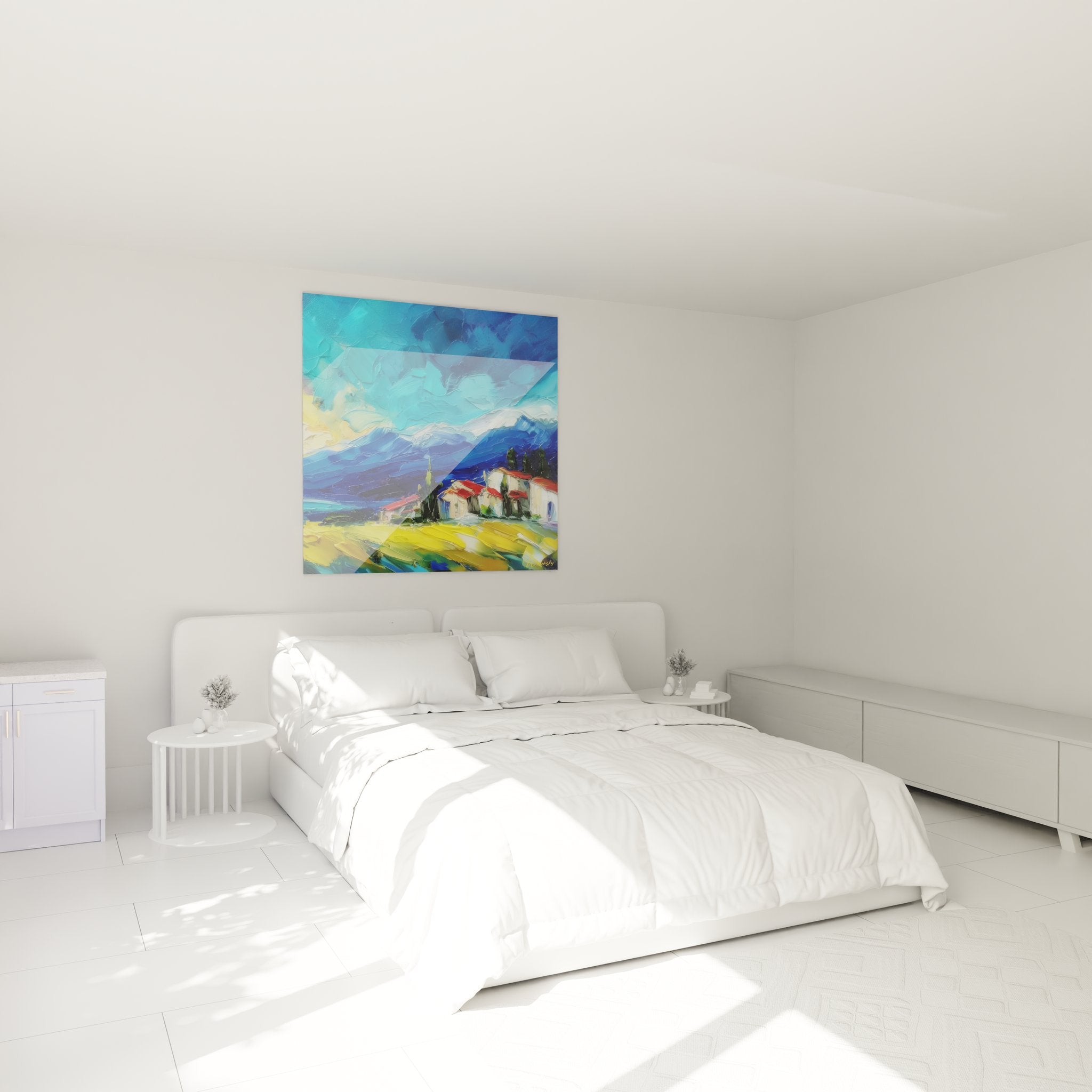 Ambiance chambre avec tableau méditerranéen village aux toits rouges décoration murale paysage côtier