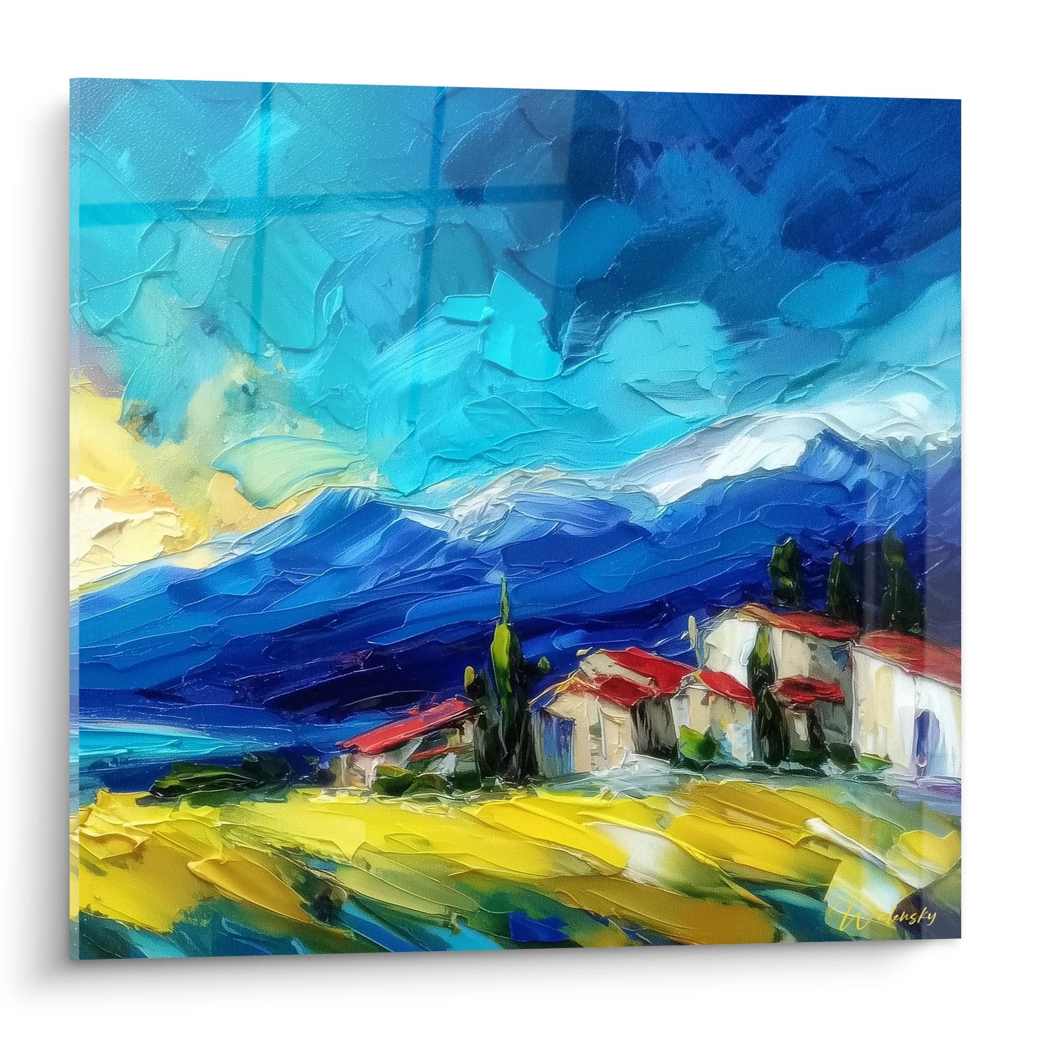 Tableau mural paysage méditerranéen village toits rouges ciel bleu montagnes champs dorés peinture contemporaine