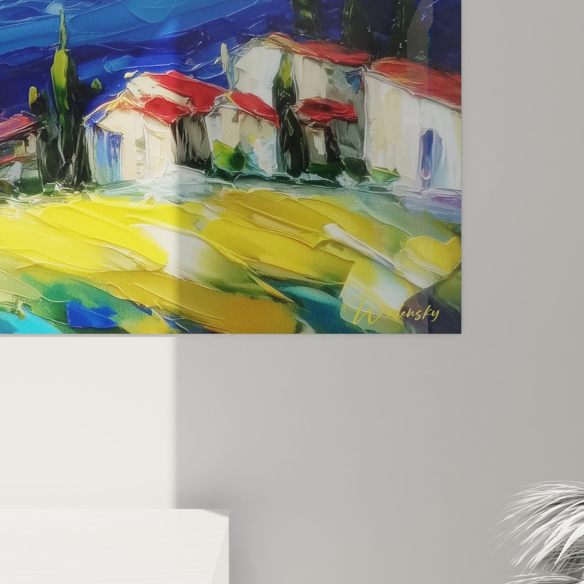 Vue ensemble tableau mural méditerranéen village provençal toits rouges décoration intérieure contemporaine