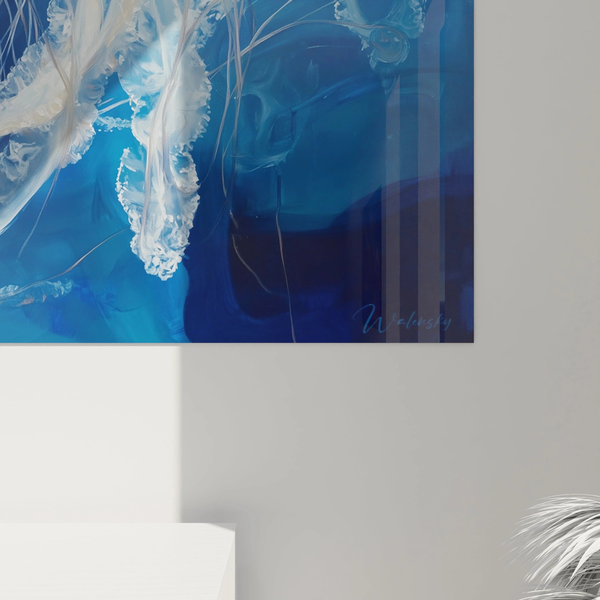 Tableau méduse Walensky avec motif méduses blanches sur fond bleu pour décoration murale