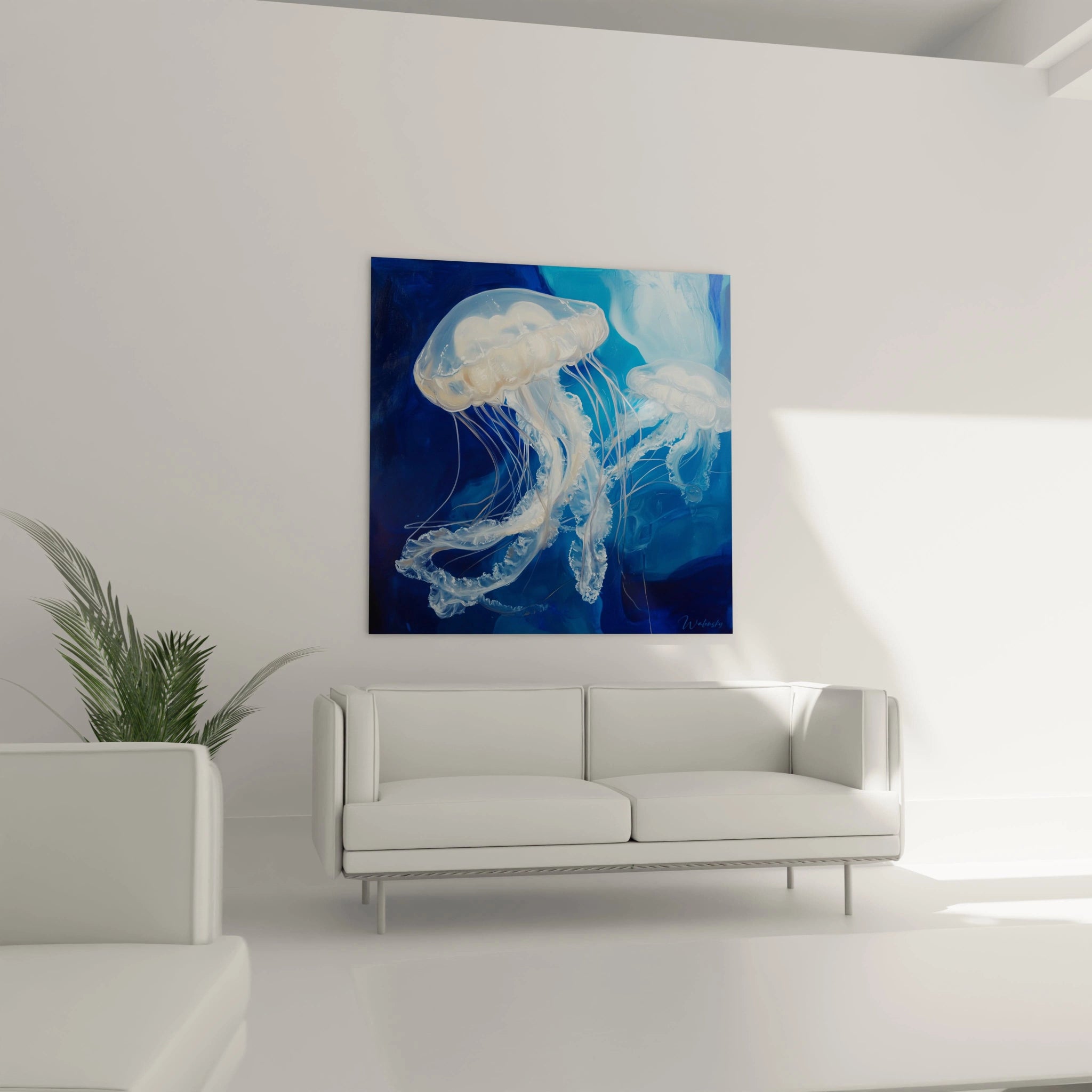 Tableau méduse Walensky représentant des méduses blanches sur fond bleu accroché dans un salon moderne