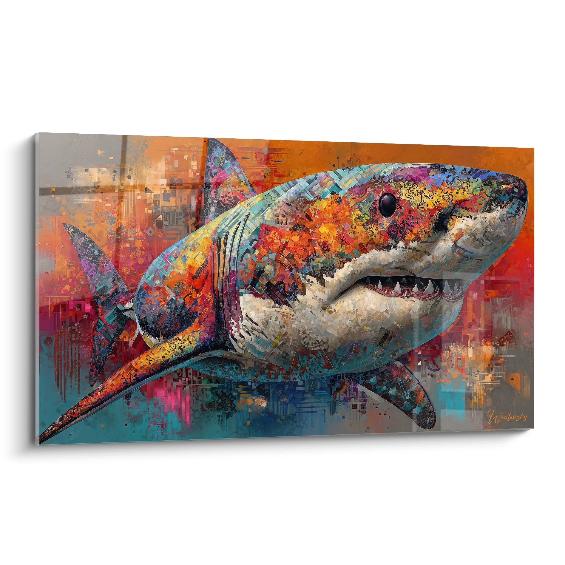 Tableau mégalodon art digital multicolore style pixellisé avec requin préhistorique coloré