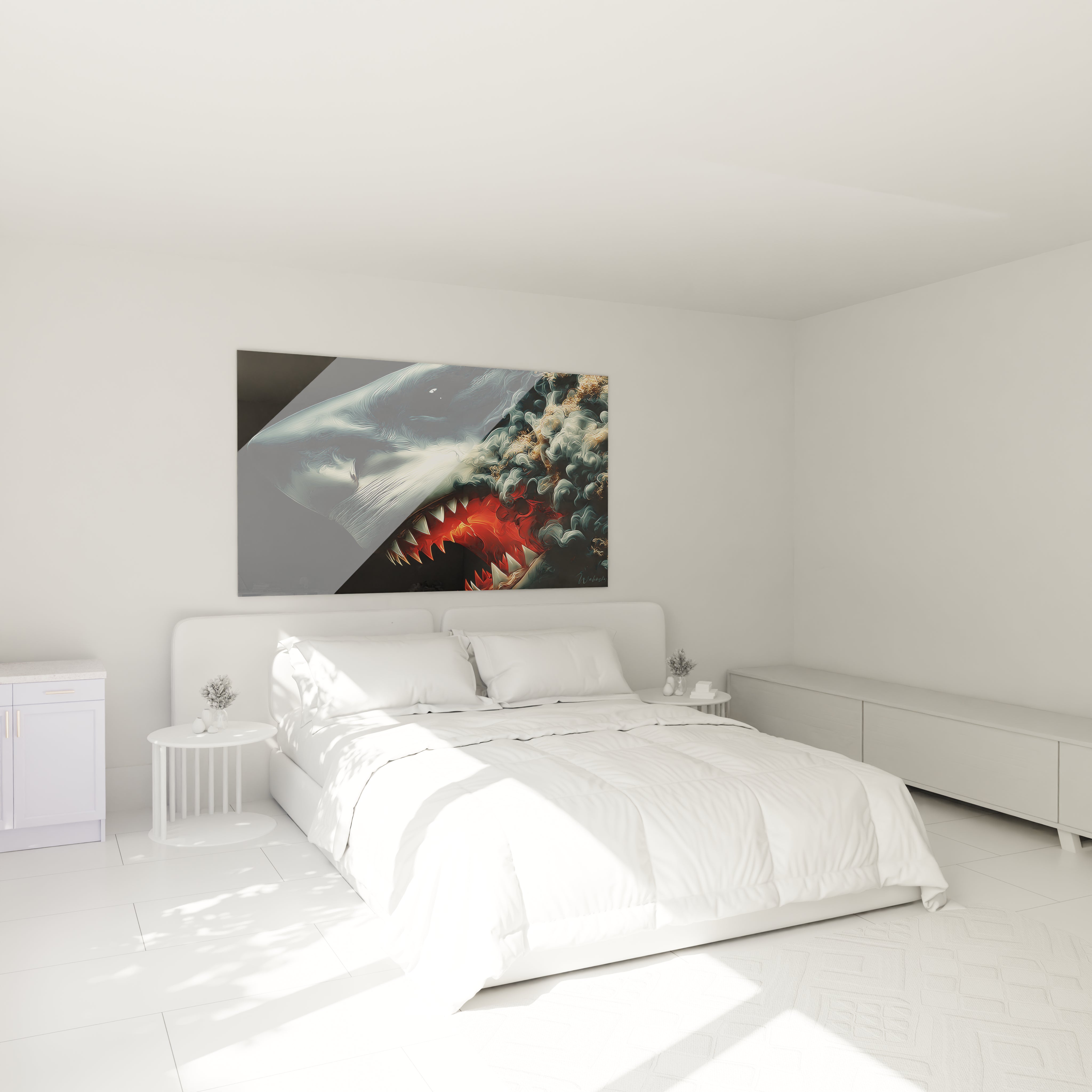 Tableau mural mégalodon dans chambre moderne décoration murale requin géant ambiance contemporaine