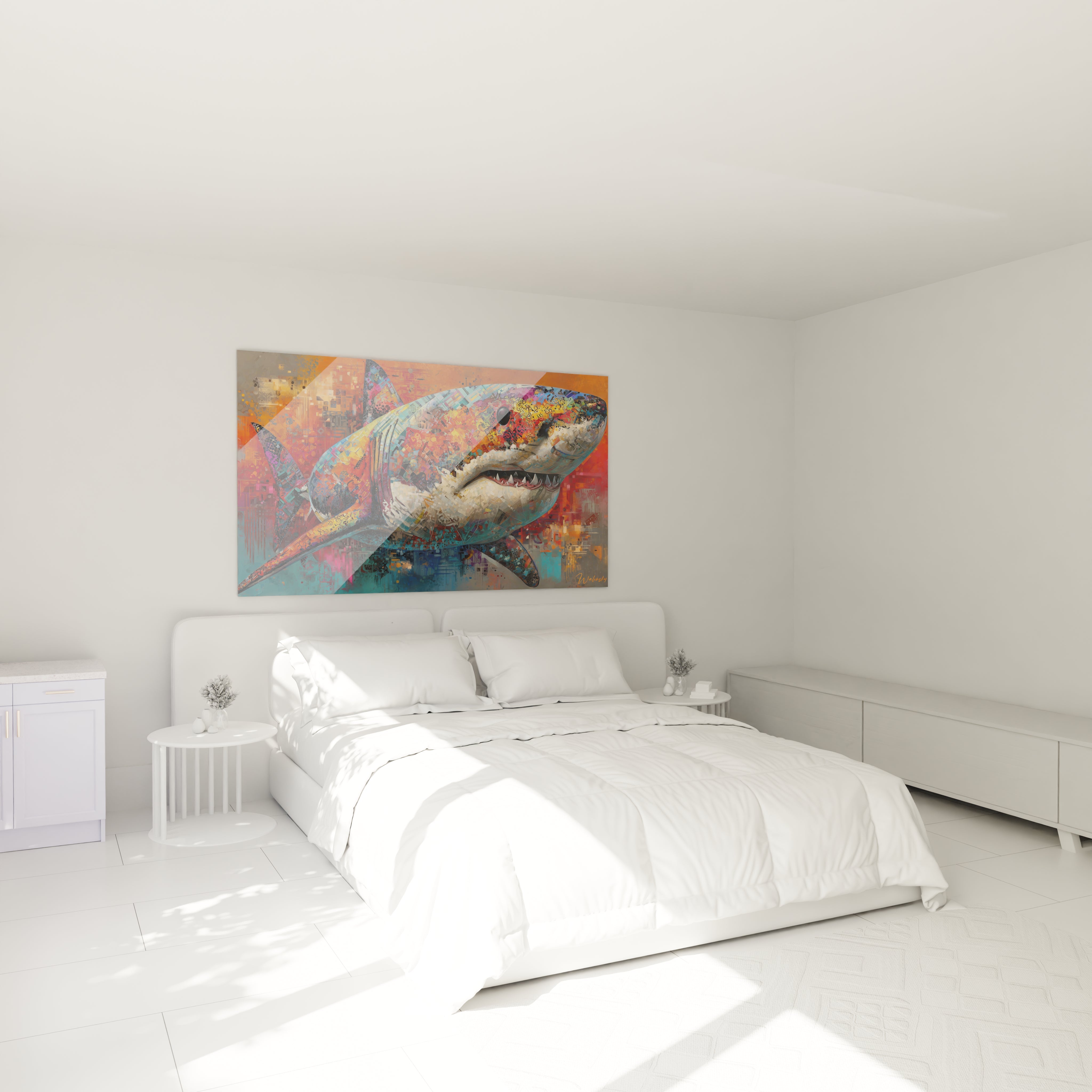 Tableau mural mégalodon dans chambre moderne avec décoration requin art contemporain