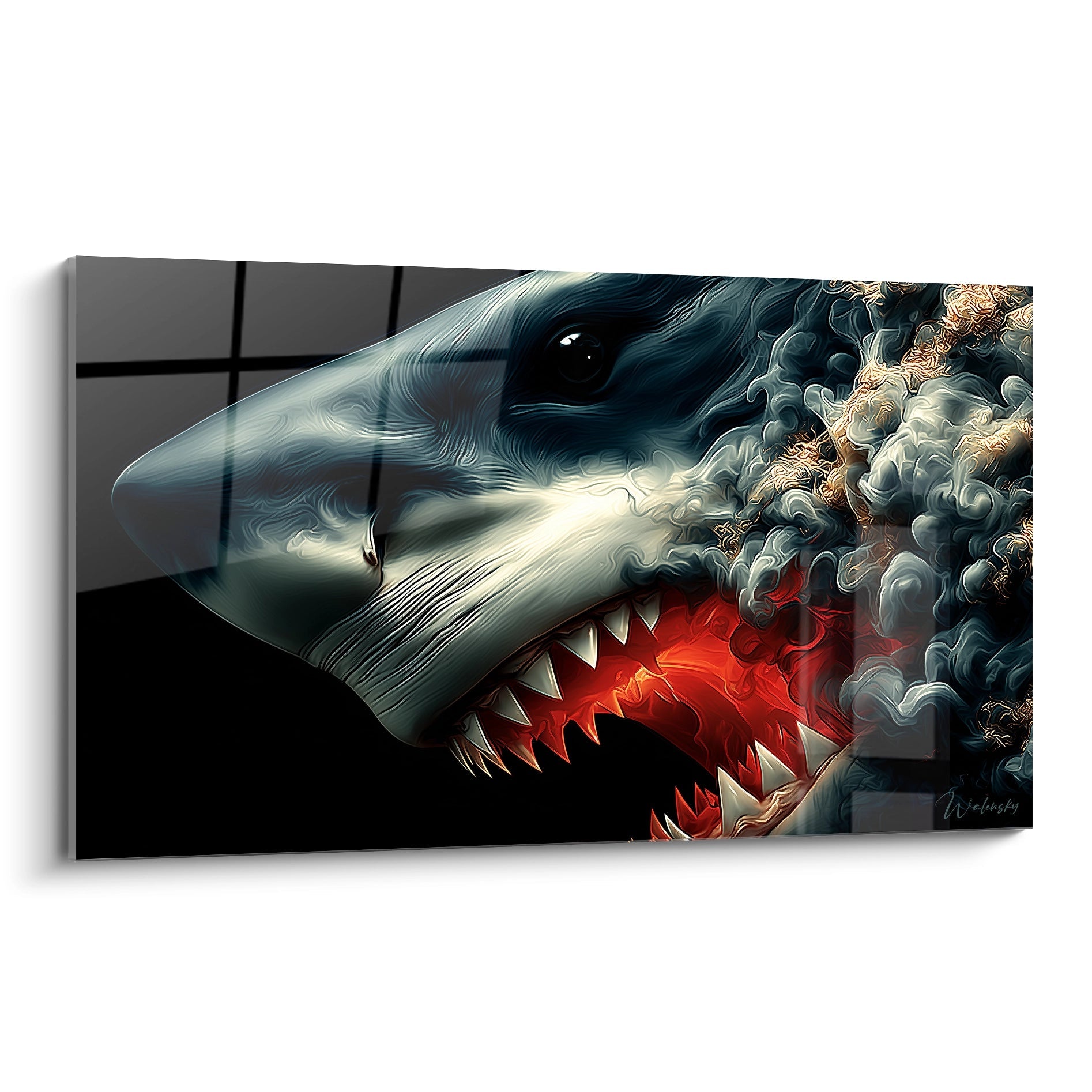 Tableau mégalodon fantastique gueule ouverte dents blanches effet fumée rouge art mural requin préhistorique