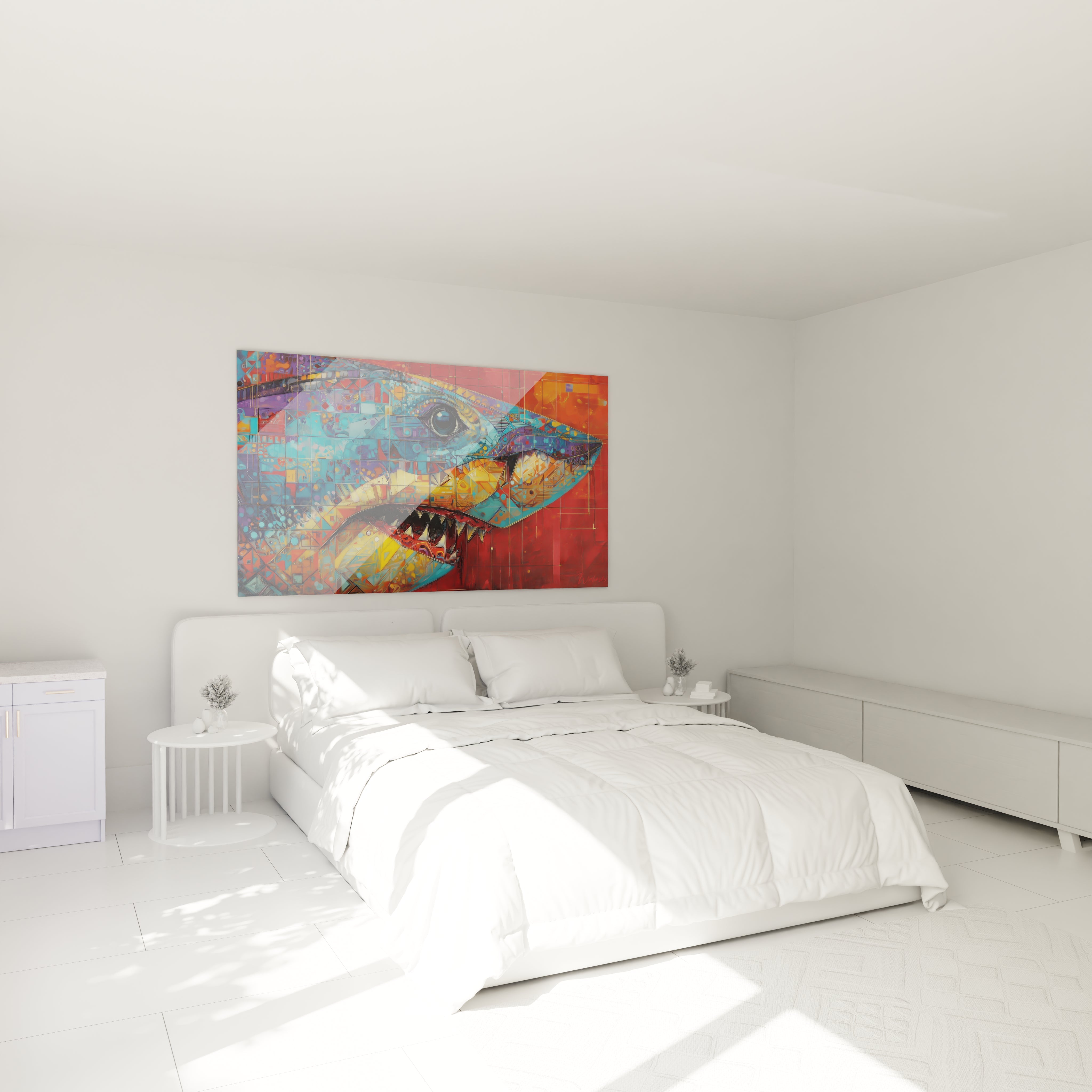 Ambiance chambre avec tableau requin mégalodon géométrique coloré décoration murale moderne