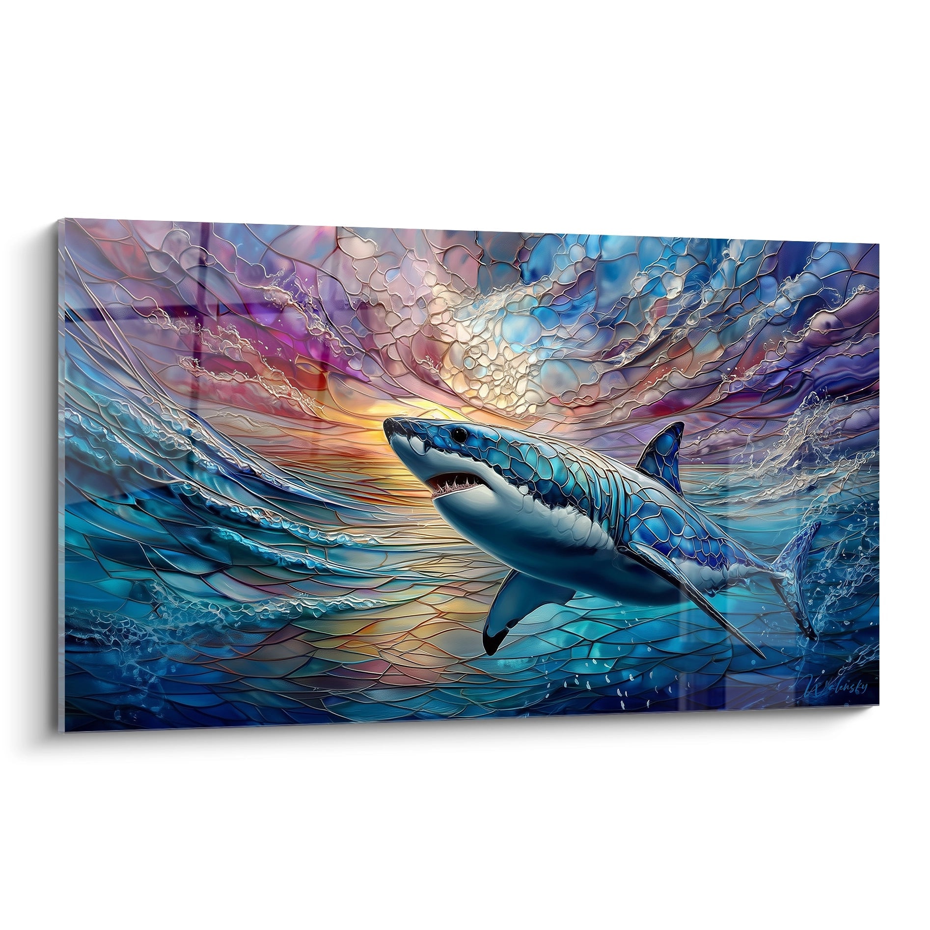 Tableau mégalodon style vitrail avec requin géant dans océan coloré aux effets cristallins lumineux