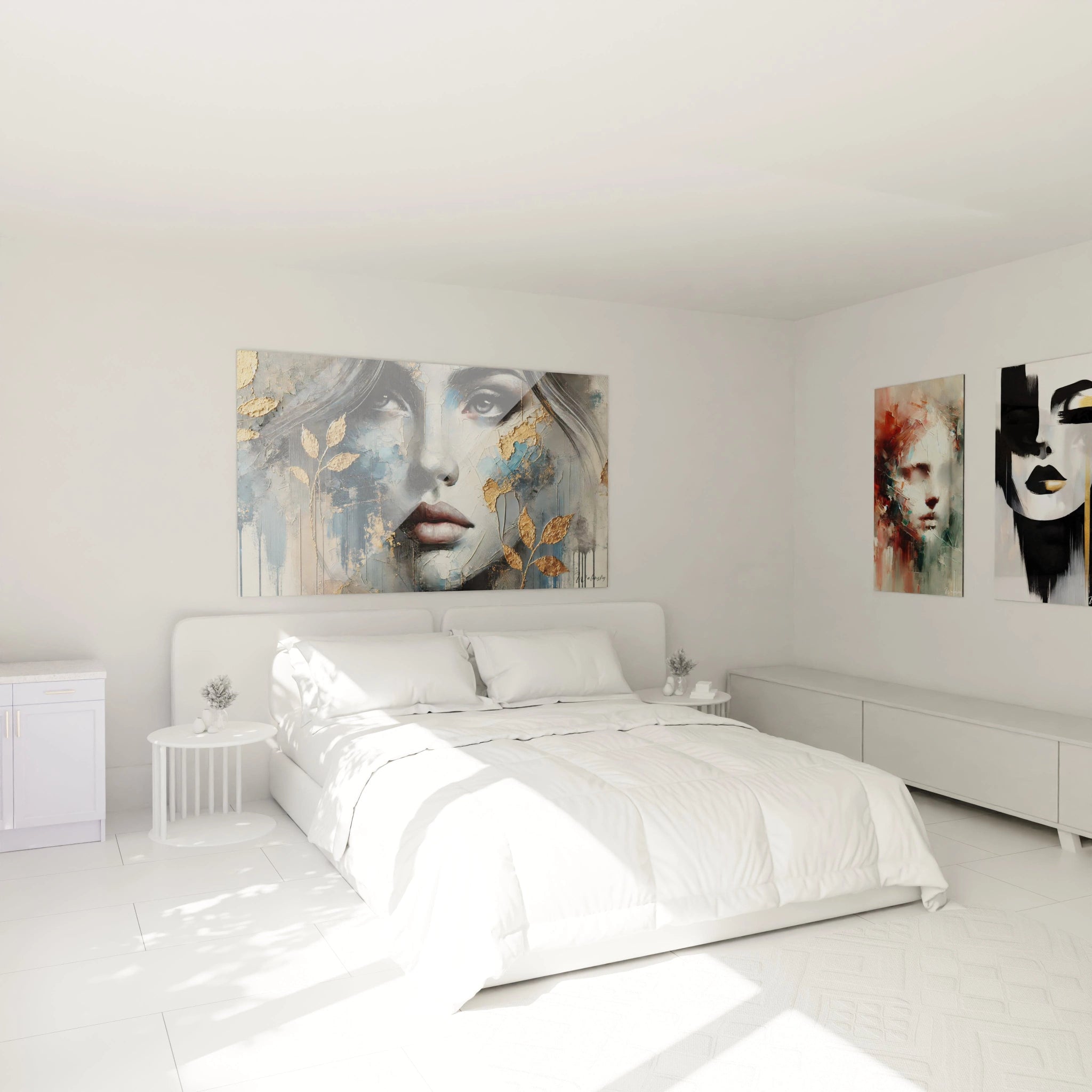 "Tableau 'Mélancolie dorée' dans une chambre moderne. Le visage féminin et les touches dorées ajoutent une ambiance élégante et mystérieuse, parfait pour sublimer l'espace.