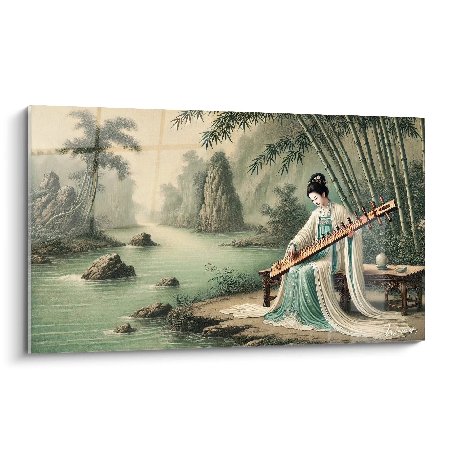 Tableau traditionnel asiatique vu de biais capturant une scene poetique d'une femme jouant du guzheng dans un paysage brumeux. Atmosphere de serenite et d'harmonie avec la nature.