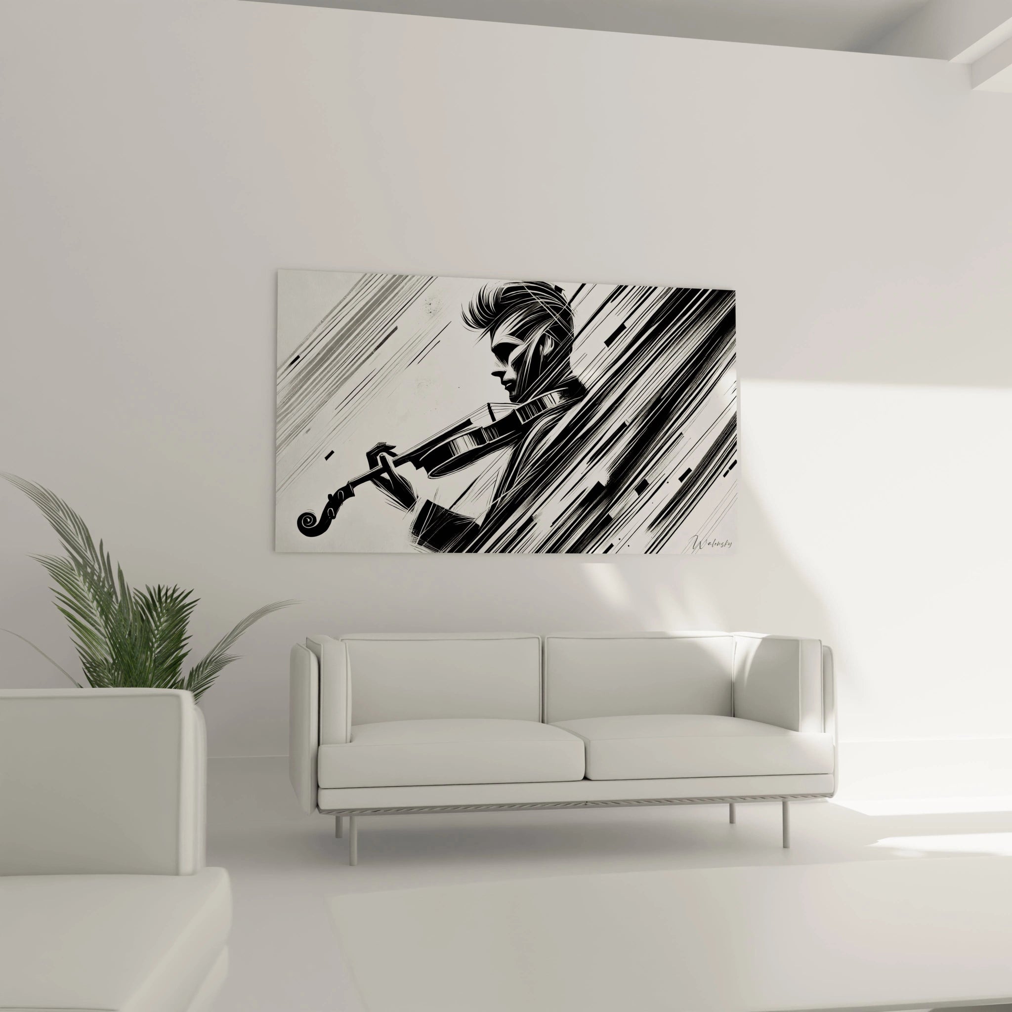 tableau noir et blanc salon décor dynamique accroché au mur au-dessus d’un canapé silhouette violoniste mouvements puissants lumière et ombre style graphique minimaliste moderne