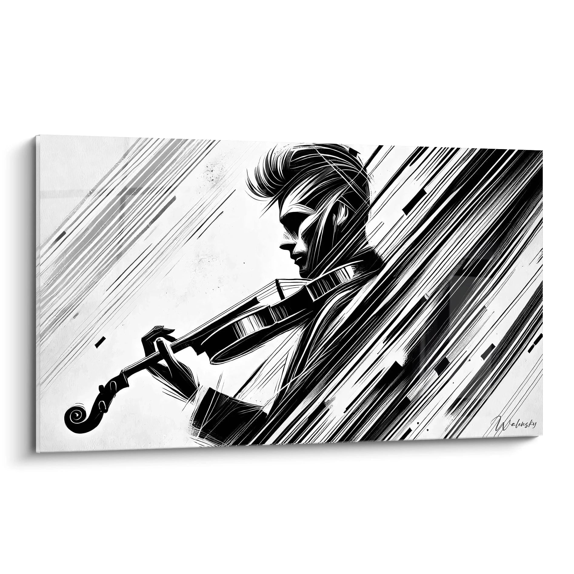 tableau noir et blanc vu de biais design moderne silhouette violoniste en mouvement traits lumineux noir blanc et gris dynamisme artistique contraste frappant rythme musical