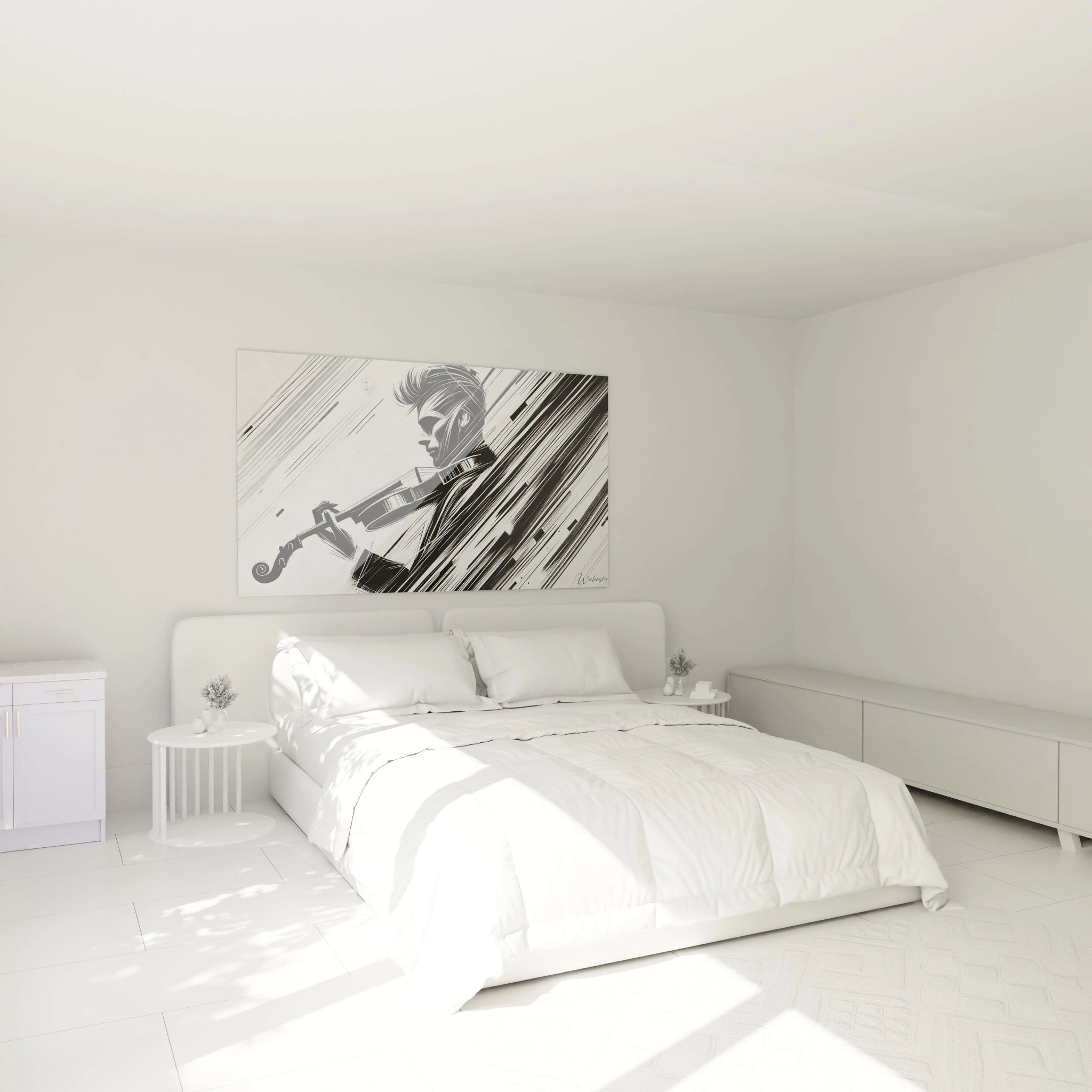 tableau noir et blanc chambre ambiance apaisante au-dessus du lit violoniste passion mouvement artistique lignes fluides noir et blanc intensité visuelle décoration élégante moderne