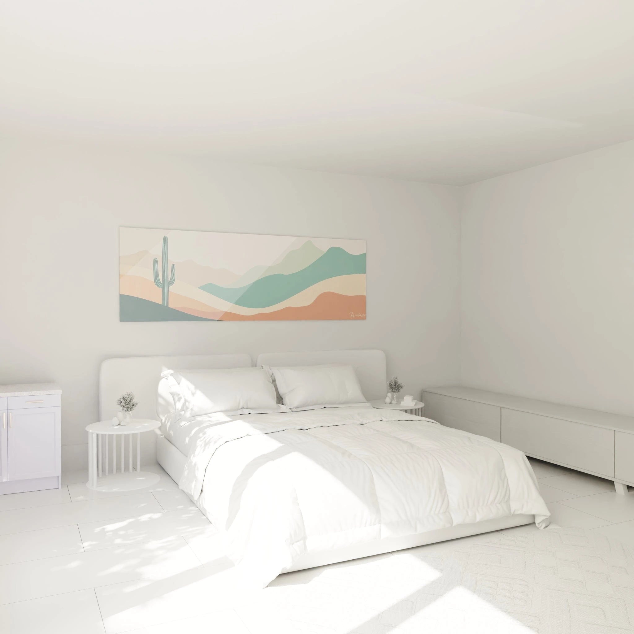 Un tableau cactus aux lignes épurées représentant un paysage désertique stylisé, composé de formes ondulantes en couches superposées de couleurs douces - beige, terracotta et turquoise - avec un grand saguaro vert émergeant de la gauche comme élément vertical distinctif.
