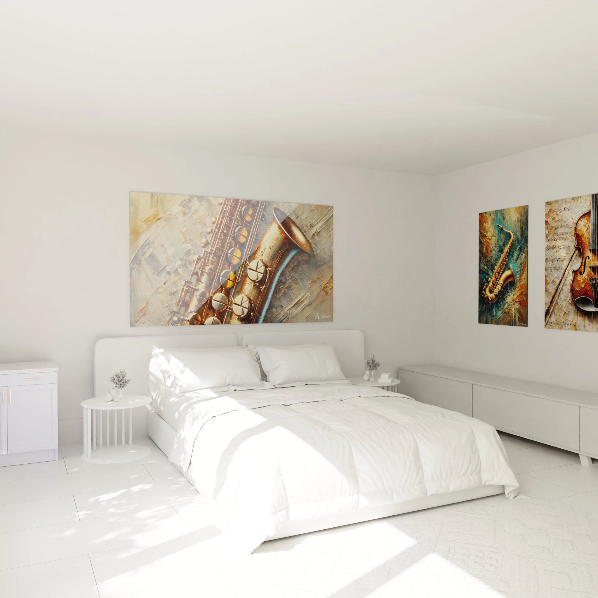 Accroché au-dessus du lit, ce tableau de saxophone doré illumine la chambre. Les touches détaillées captent la lumière, offrant une ambiance élégante et apaisante pour les amateurs de musique jazz.